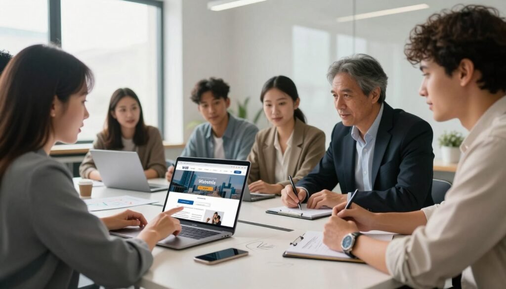A diverse group of professionals gathered around a modern conference table, discussing website design. In the foreground, a young woman in smart casual attire enthusiastically points at a laptop screen displaying a beautifully crafted website interface. A middle-aged man in a business suit takes notes, while a young man in creative attire sketches ideas on a notepad. The background features a bright, airy office space with large windows letting in natural light, emphasizing an innovative and collaborative atmosphere. Soft shadows cast by overhead lighting enhance the scene’s realism. The mood is dynamic and engaging, reflecting teamwork and creativity in website creation. The angle captures the interaction among the group, inviting viewers into their brainstorming session. A diverse group of professionals gathered around a modern conference table, discussing website design. In the foreground, a young woman in smart casual attire enthusiastically points at a laptop screen displaying a beautifully crafted website interface. A middle-aged man in a business suit takes notes, while a young man in creative attire sketches ideas on a notepad. The background features a bright, airy office space with large windows letting in natural light, emphasizing an innovative and collaborative atmosphere. Soft shadows cast by overhead lighting enhance the scene’s realism. The mood is dynamic and engaging, reflecting teamwork and creativity in website creation. The angle captures the interaction among the group, inviting viewers into their brainstorming session.