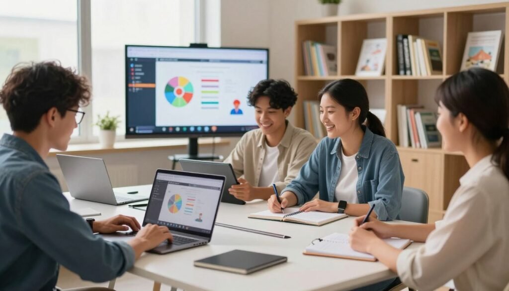 A diverse group of students engaged in an online learning environment, seated at modern desks in a bright and inviting workspace. The foreground features a male student with glasses focused on his laptop, a female student taking notes with a notepad, and a third student joyfully interacting with an online course on a tablet. In the middle, a large screen displays an interactive course module, with vibrant visuals and diagrams. The background shows bookshelves filled with educational resources and soft, diffused lighting creating a warm atmosphere. A large window allows natural light to flood the room, enhancing the positive and encouraging mood that represents effective learning experiences. The students are dressed in smart casual attire, exuding professionalism and enthusiasm for their education. A diverse group of students engaged in an online learning environment, seated at modern desks in a bright and inviting workspace. The foreground features a male student with glasses focused on his laptop, a female student taking notes with a notepad, and a third student joyfully interacting with an online course on a tablet. In the middle, a large screen displays an interactive course module, with vibrant visuals and diagrams. The background shows bookshelves filled with educational resources and soft, diffused lighting creating a warm atmosphere. A large window allows natural light to flood the room, enhancing the positive and encouraging mood that represents effective learning experiences. The students are dressed in smart casual attire, exuding professionalism and enthusiasm for their education.