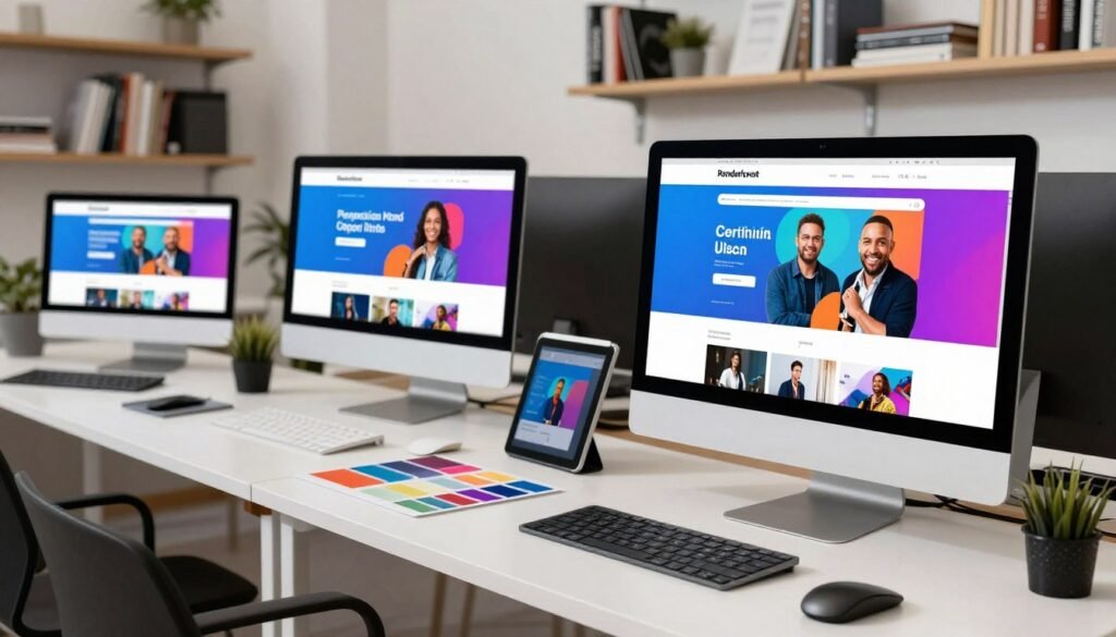 A dynamic and engaging workspace displaying a variety of professional website and video templates on multiple screens. In the foreground, a sleek computer monitor shows a vibrant website design template, while another screen displays a captivating video template. The middle ground features a stylish desk with design tools, color swatches, and digital devices scattered around. The background is adorned with shelves filled with books and design resources. The lighting is bright and inviting, enhancing the creativity of the scene, with soft shadows creating depth. The atmosphere is one of inspiration and innovation, aimed at showcasing the treasure trove of templates offered by Renderforest, ideal for creating professional digital projects. A dynamic and engaging workspace displaying a variety of professional website and video templates on multiple screens. In the foreground, a sleek computer monitor shows a vibrant website design template, while another screen displays a captivating video template. The middle ground features a stylish desk with design tools, color swatches, and digital devices scattered around. The background is adorned with shelves filled with books and design resources. The lighting is bright and inviting, enhancing the creativity of the scene, with soft shadows creating depth. The atmosphere is one of inspiration and innovation, aimed at showcasing the treasure trove of templates offered by Renderforest, ideal for creating professional digital projects.