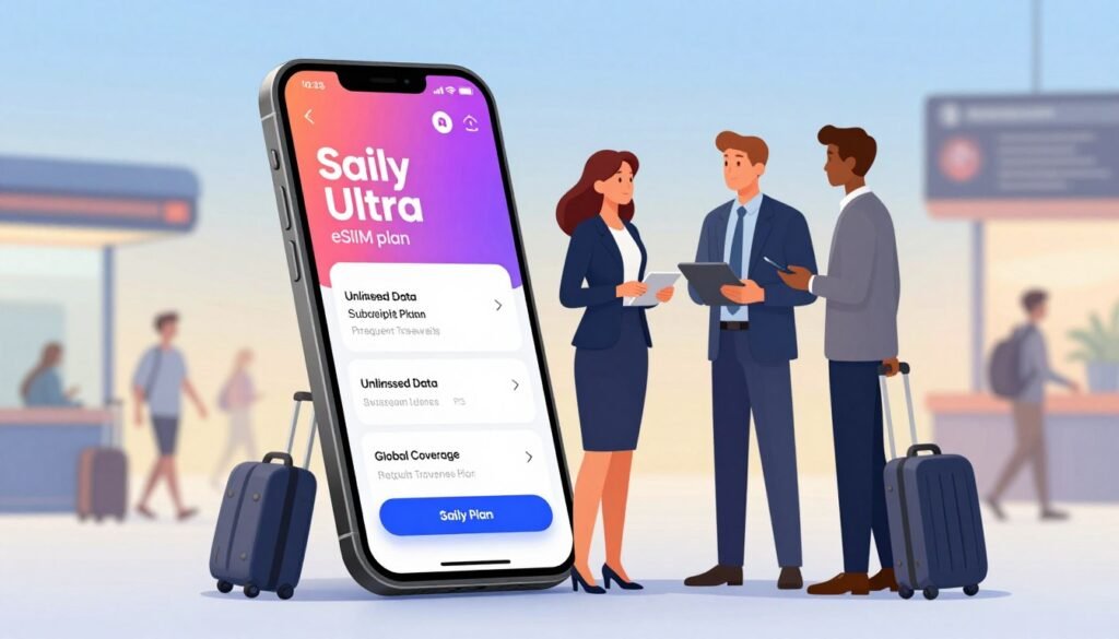 A dynamic and modern digital illustration of a monthly subscription plan for frequent travelers, depicted as a vibrant, sleek smartphone displaying the "Saily Ultra" eSIM plan. In the foreground, the smartphone features a colorful user interface showcasing plan details like unlimited data and global coverage. In the middle, diverse business travelers in professional attire—a woman in a smart blazer and a man in a tailored suit—are engaged in a discussion, with a soft gradient background of a busy airport terminal filled with travelers and luggage. Natural lighting emphasizes the connection and convenience of travel in a fast-paced environment. The overall atmosphere should convey a sense of innovation, freedom, and global connectivity, representing the ideal solution for the modern, frequent traveler. A dynamic and modern digital illustration of a monthly subscription plan for frequent travelers, depicted as a vibrant, sleek smartphone displaying the "Saily Ultra" eSIM plan. In the foreground, the smartphone features a colorful user interface showcasing plan details like unlimited data and global coverage. In the middle, diverse business travelers in professional attire—a woman in a smart blazer and a man in a tailored suit—are engaged in a discussion, with a soft gradient background of a busy airport terminal filled with travelers and luggage. Natural lighting emphasizes the connection and convenience of travel in a fast-paced environment. The overall atmosphere should convey a sense of innovation, freedom, and global connectivity, representing the ideal solution for the modern, frequent traveler.