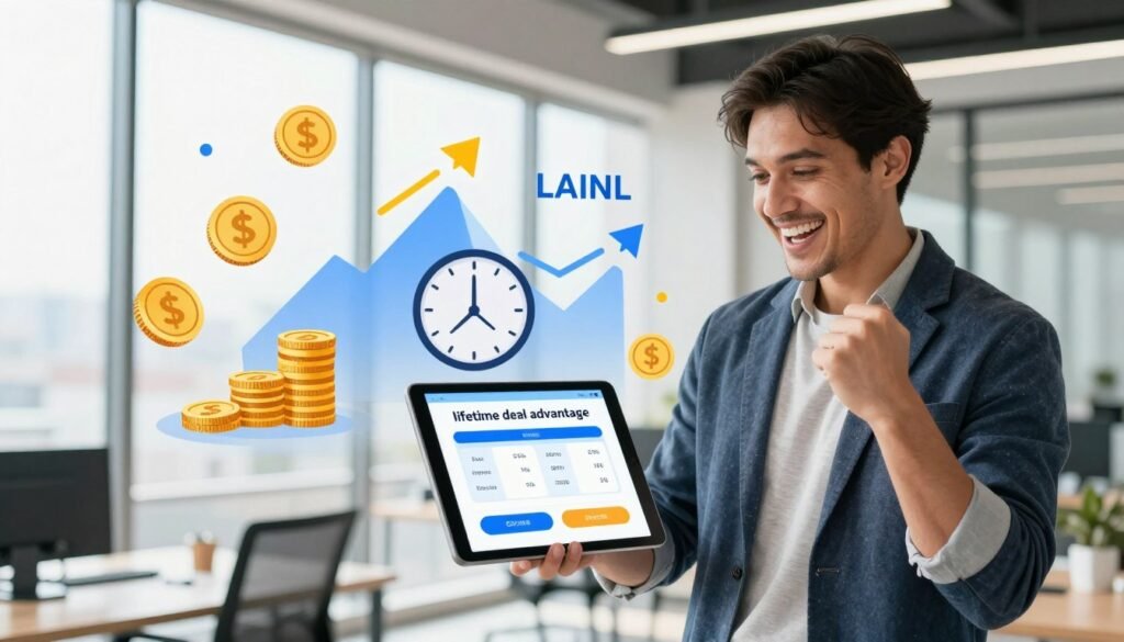 A dynamic composition showcasing the concept of a "lifetime deal advantage." In the foreground, a confident business professional in smart casual attire, smiling while holding a tablet displaying attractive deal graphics, exuding positivity and excitement. In the middle ground, overlapping graphics of coins, charts, and a clock symbolizing long-term value, savings, and time efficiency. The background features a sleek modern office environment with large windows letting in bright, natural light, casting soft shadows throughout the scene. Overall, the atmosphere is vibrant and inspiring, highlighting innovation and the joy of smart decision-making in online shopping. The camera angle is slightly elevated, giving a sense of empowerment and forward-thinking. A dynamic composition showcasing the concept of a "lifetime deal advantage." In the foreground, a confident business professional in smart casual attire, smiling while holding a tablet displaying attractive deal graphics, exuding positivity and excitement. In the middle ground, overlapping graphics of coins, charts, and a clock symbolizing long-term value, savings, and time efficiency. The background features a sleek modern office environment with large windows letting in bright, natural light, casting soft shadows throughout the scene. Overall, the atmosphere is vibrant and inspiring, highlighting innovation and the joy of smart decision-making in online shopping. The camera angle is slightly elevated, giving a sense of empowerment and forward-thinking.
