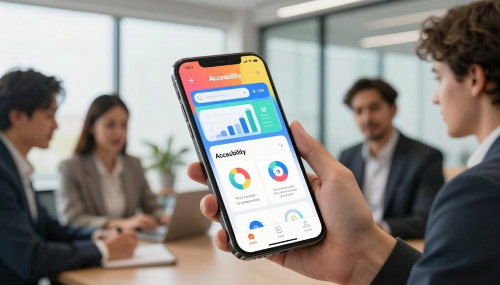 A dynamic scene depicting a mobile training app interface focused on accessibility, featuring a smartphone with a colorful, user-friendly application open on the screen. In the foreground, a diverse group of professional individuals, dressed in smart business attire, engage with the app, showcasing collaboration and teamwork. The middle ground includes visible elements like charts, graphs, and icons representing accountability and integration, seamlessly blending into the design of the app. The background features a soft-focus modern office environment with natural light pouring in from large windows, creating an inviting atmosphere. The image conveys a sense of empowerment and innovation, captured with a slightly angled perspective to emphasize the app's features and the users’ enthusiasm. The overall tone is optimistic and professional, showcasing the effectiveness of mobile training solutions. A dynamic scene depicting a mobile training app interface focused on accessibility, featuring a smartphone with a colorful, user-friendly application open on the screen. In the foreground, a diverse group of professional individuals, dressed in smart business attire, engage with the app, showcasing collaboration and teamwork. The middle ground includes visible elements like charts, graphs, and icons representing accountability and integration, seamlessly blending into the design of the app. The background features a soft-focus modern office environment with natural light pouring in from large windows, creating an inviting atmosphere. The image conveys a sense of empowerment and innovation, captured with a slightly angled perspective to emphasize the app's features and the users’ enthusiasm. The overall tone is optimistic and professional, showcasing the effectiveness of mobile training solutions.