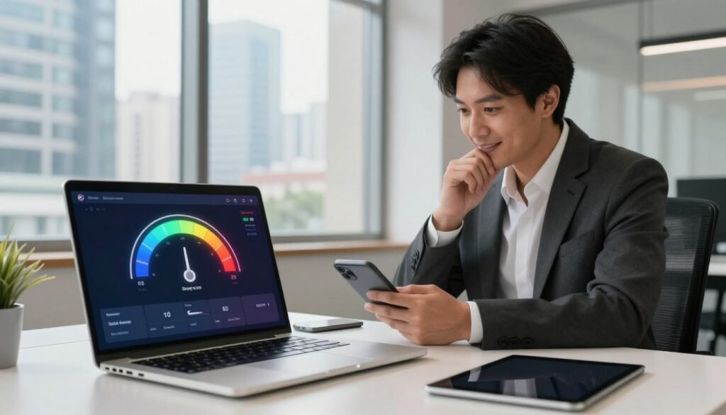 A dynamic scene illustrating a web hosting speed test in a modern office environment. In the foreground, a sleek laptop displays a vibrant speed test interface with animated speed gauge indicators. The middle layer features a business professional in smart attire, focused on the laptop, analyzing the results with a look of satisfaction and curiosity. They sit at a stylish desk with tech gadgets around, like a smartphone and a tablet. In the background, a large window reveals a bustling cityscape, symbolizing connectivity and modernity. The lighting is bright and inviting, with warm tones enhancing the atmosphere, suggesting efficiency and reliability. The angle captures the intensity of the testing process while maintaining a professional and optimistic mood. A dynamic scene illustrating a web hosting speed test in a modern office environment. In the foreground, a sleek laptop displays a vibrant speed test interface with animated speed gauge indicators. The middle layer features a business professional in smart attire, focused on the laptop, analyzing the results with a look of satisfaction and curiosity. They sit at a stylish desk with tech gadgets around, like a smartphone and a tablet. In the background, a large window reveals a bustling cityscape, symbolizing connectivity and modernity. The lighting is bright and inviting, with warm tones enhancing the atmosphere, suggesting efficiency and reliability. The angle captures the intensity of the testing process while maintaining a professional and optimistic mood.