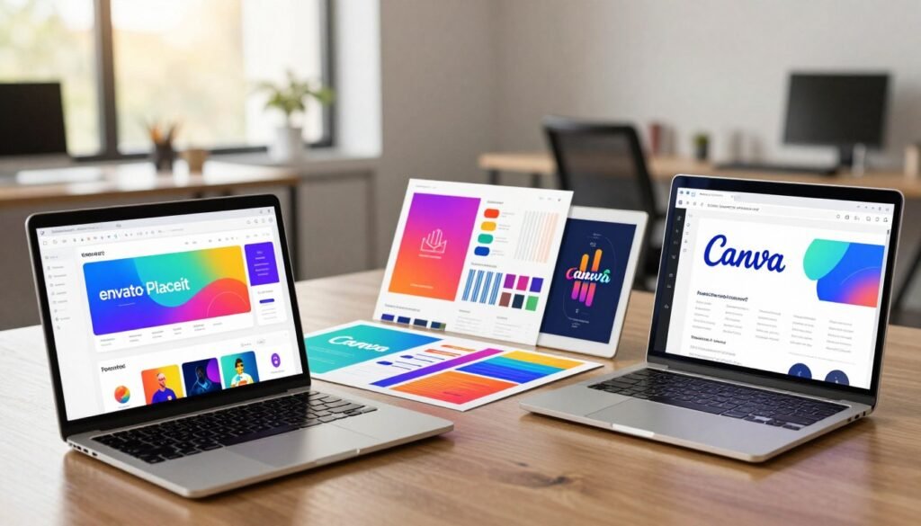 A dynamic workspace scene showcasing a split view of design tools comparison between Envato Placeit and Canva. In the foreground, display two sleek laptops with their respective interfaces visible: one screen showing Envato Placeit's vibrant template designs and the other showcasing Canva's versatile design options. In the middle, include an array of colorful design mockups and graphics, elegantly arranged on a polished desk, highlighting their unique features. The background features a modern office environment with soft natural lighting filtering through large windows, creating a warm and inviting atmosphere. Use a slightly angled perspective to emphasize depth. The overall mood should reflect creativity, professionalism, and innovation in design. A dynamic workspace scene showcasing a split view of design tools comparison between Envato Placeit and Canva. In the foreground, display two sleek laptops with their respective interfaces visible: one screen showing Envato Placeit's vibrant template designs and the other showcasing Canva's versatile design options. In the middle, include an array of colorful design mockups and graphics, elegantly arranged on a polished desk, highlighting their unique features. The background features a modern office environment with soft natural lighting filtering through large windows, creating a warm and inviting atmosphere. Use a slightly angled perspective to emphasize depth. The overall mood should reflect creativity, professionalism, and innovation in design.