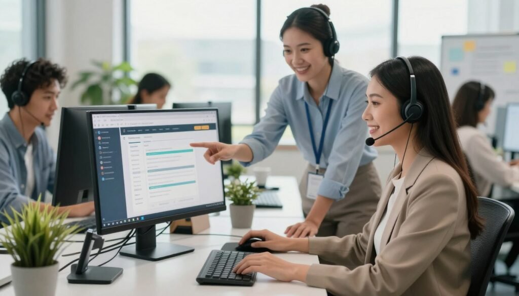 A friendly customer support representative, wearing professional attire, assists a diverse group of clients in a modern office setting. In the foreground, a woman of Asian descent is talking on a headset, smiling as she solves a customer's problem on her computer. To her left, a man of Hispanic descent is gesturing towards a screen displaying website analytics, showcasing collaboration. The middle ground features a sleek, contemporary desk with monitors displaying support tickets and chat interfaces, alongside plants for a touch of greenery. The background presents a bright, airy office with large windows allowing natural light to flood in, creating an inviting atmosphere. Soft focus emphasizes the teamwork and professionalism, while warm lighting adds an optimistic mood. The overall impression is one of effective customer support in a dynamic, tech-savvy environment. A friendly customer support representative, wearing professional attire, assists a diverse group of clients in a modern office setting. In the foreground, a woman of Asian descent is talking on a headset, smiling as she solves a customer's problem on her computer. To her left, a man of Hispanic descent is gesturing towards a screen displaying website analytics, showcasing collaboration. The middle ground features a sleek, contemporary desk with monitors displaying support tickets and chat interfaces, alongside plants for a touch of greenery. The background presents a bright, airy office with large windows allowing natural light to flood in, creating an inviting atmosphere. Soft focus emphasizes the teamwork and professionalism, while warm lighting adds an optimistic mood. The overall impression is one of effective customer support in a dynamic, tech-savvy environment.