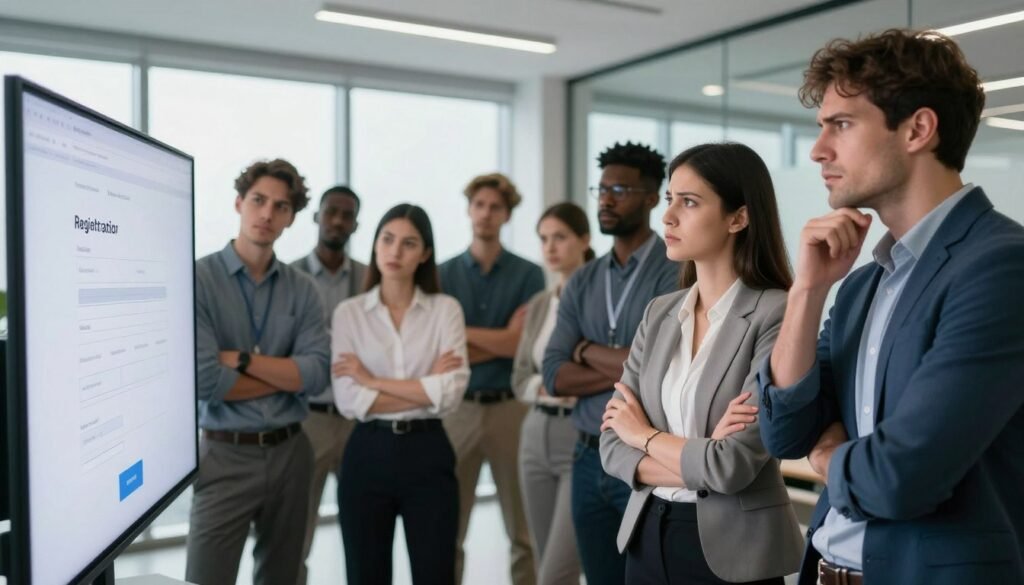 A group of diverse professionals, appearing cautious, stand together in a modern office environment, analyzing a large digital screen that displays a website registration form. In the foreground, a woman in professional attire with a concerned expression points towards the screen, while a man next to her furrows his brow, showing doubt. In the middle ground, a diverse group of individuals observes, some with arms crossed, suggesting skepticism. The background features a sleek, minimalist office with large windows letting in soft, natural light, creating an airy atmosphere. The overall mood is one of deliberation and discernment, emphasizing the importance of careful consideration before choosing a domain registrar. The image is captured with a wide-angle lens to encompass the entire scene in a balanced way. A group of diverse professionals, appearing cautious, stand together in a modern office environment, analyzing a large digital screen that displays a website registration form. In the foreground, a woman in professional attire with a concerned expression points towards the screen, while a man next to her furrows his brow, showing doubt. In the middle ground, a diverse group of individuals observes, some with arms crossed, suggesting skepticism. The background features a sleek, minimalist office with large windows letting in soft, natural light, creating an airy atmosphere. The overall mood is one of deliberation and discernment, emphasizing the importance of careful consideration before choosing a domain registrar. The image is captured with a wide-angle lens to encompass the entire scene in a balanced way.
