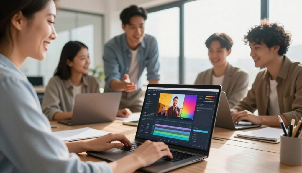 A group of diverse professionals gathered around a laptop, engaged in a video editing session using VEED's online platform. The foreground features a close-up of a cheerful user expertly interacting with the software, showcasing a user-friendly interface with vibrant video clips displayed. In the middle, colleagues are collaborating, discussing ideas with smiles, all dressed in smart casual attire, projecting a positive atmosphere. The background shows a bright, modern office with large windows allowing natural sunlight to brighten the workspace. The lighting is warm and inviting, enhancing the mood of creativity and teamwork. Capture a dynamic angle that evokes engagement and satisfaction in the user experience, highlighting the benefits of VEED’s simple yet powerful editing tools. A group of diverse professionals gathered around a laptop, engaged in a video editing session using VEED's online platform. The foreground features a close-up of a cheerful user expertly interacting with the software, showcasing a user-friendly interface with vibrant video clips displayed. In the middle, colleagues are collaborating, discussing ideas with smiles, all dressed in smart casual attire, projecting a positive atmosphere. The background shows a bright, modern office with large windows allowing natural sunlight to brighten the workspace. The lighting is warm and inviting, enhancing the mood of creativity and teamwork. Capture a dynamic angle that evokes engagement and satisfaction in the user experience, highlighting the benefits of VEED’s simple yet powerful editing tools.