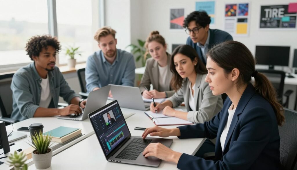 A group of diverse professionals in a modern office setting, engaged in a dynamic discussion about video editing. In the foreground, a professional woman, dressed in smart business attire, is demonstrating the features of the InVideo software on her laptop, with a focused expression. In the middle, a diverse group of men and women, also in business attire, are attentively watching and taking notes. The background features a bright, well-lit room with large windows allowing natural light to flood in, filled with creative posters and video editing equipment. The mood is collaborative and energetic, reflecting innovation in professional video editing. Capture the scene from a slightly elevated angle, emphasizing the interactive nature of their conversation. A group of diverse professionals in a modern office setting, engaged in a dynamic discussion about video editing. In the foreground, a professional woman, dressed in smart business attire, is demonstrating the features of the InVideo software on her laptop, with a focused expression. In the middle, a diverse group of men and women, also in business attire, are attentively watching and taking notes. The background features a bright, well-lit room with large windows allowing natural light to flood in, filled with creative posters and video editing equipment. The mood is collaborative and energetic, reflecting innovation in professional video editing. Capture the scene from a slightly elevated angle, emphasizing the interactive nature of their conversation.
