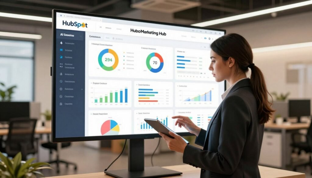 A high-tech Office environment featuring a large, sleek screen displaying the HubSpot Marketing Hub dashboard. In the foreground, a well-dressed business professional, a woman in a smart blazer, is analyzing data with a focused expression, holding a tablet. The middle ground showcases various colorful graphs and AI content creation analytics on the dashboard, highlighting engaging statistics and a user-friendly layout. The background is a modern office with stylish furniture and plants, glowing with soft, natural lighting to create a warm and inviting atmosphere. The angle is slightly tilted downwards, capturing both the professional and the dashboard in detail, conveying productivity and innovation in digital marketing. The overall mood is energetic and professional, illustrating the essence of effective inbound marketing. A high-tech Office environment featuring a large, sleek screen displaying the HubSpot Marketing Hub dashboard. In the foreground, a well-dressed business professional, a woman in a smart blazer, is analyzing data with a focused expression, holding a tablet. The middle ground showcases various colorful graphs and AI content creation analytics on the dashboard, highlighting engaging statistics and a user-friendly layout. The background is a modern office with stylish furniture and plants, glowing with soft, natural lighting to create a warm and inviting atmosphere. The angle is slightly tilted downwards, capturing both the professional and the dashboard in detail, conveying productivity and innovation in digital marketing. The overall mood is energetic and professional, illustrating the essence of effective inbound marketing.