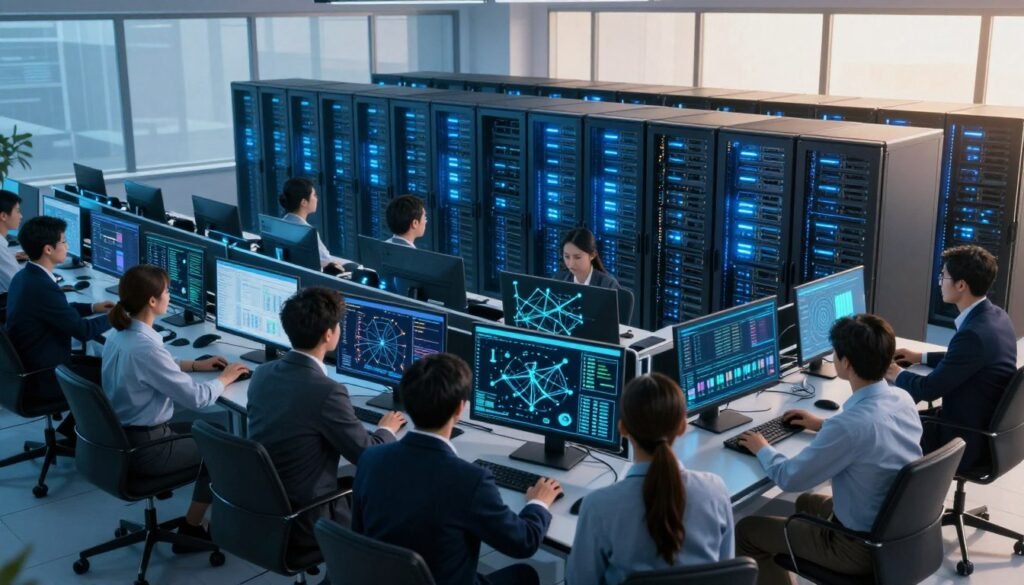A high-tech data center with rows of servers, each glowing softly in a cool blue hue, representing professional managed hosting services. In the foreground, a diverse team of IT professionals in business attire are attentively monitoring screens displaying analytics and performance metrics. The middle layer features glossy digital displays showcasing graphs and network connections, highlighting the sophistication of the technology. In the background, large windows let in natural light, casting a warm glow around the room, enhancing the feeling of innovation and reliability. The overall atmosphere is one of efficiency, professionalism, and cutting-edge technology, emphasizing the core values of managed hosting services. Capture this scene from a slight upward angle to convey the impressive scale of the operation and the dedication of the team. A high-tech data center with rows of servers, each glowing softly in a cool blue hue, representing professional managed hosting services. In the foreground, a diverse team of IT professionals in business attire are attentively monitoring screens displaying analytics and performance metrics. The middle layer features glossy digital displays showcasing graphs and network connections, highlighting the sophistication of the technology. In the background, large windows let in natural light, casting a warm glow around the room, enhancing the feeling of innovation and reliability. The overall atmosphere is one of efficiency, professionalism, and cutting-edge technology, emphasizing the core values of managed hosting services. Capture this scene from a slight upward angle to convey the impressive scale of the operation and the dedication of the team.