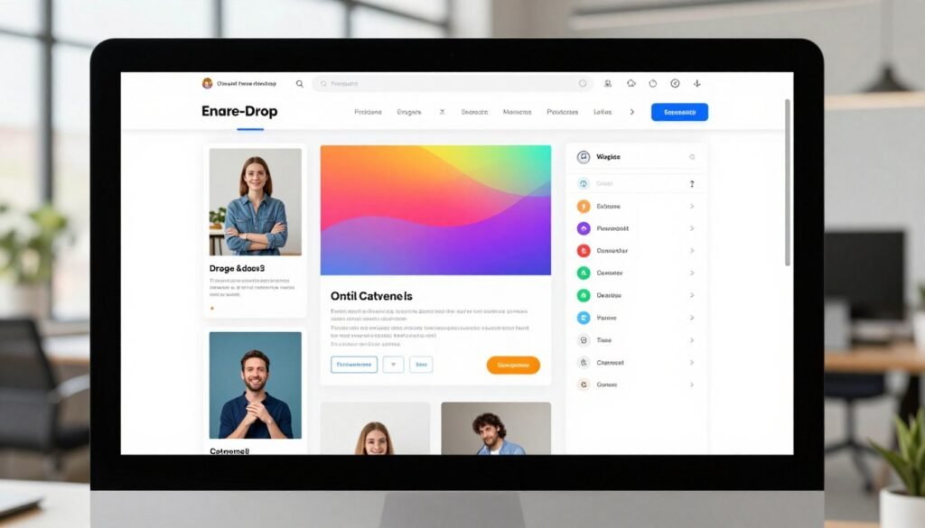 A highly detailed drag-and-drop email builder interface for a digital marketing platform, showcasing a user-friendly design on a sleek computer screen. The foreground features vibrant, customizable email templates with sections for images, text, and buttons that users can easily manipulate. In the middle, an intuitive sidebar displays various design elements such as fonts, colors, and layout options, all visually appealing with an organized layout. The background reveals a bright, modern office setting with soft, natural lighting from large windows, creating a productive atmosphere. The image should evoke a feeling of creativity and professionalism, emphasizing the ease of use and versatility of the email builder. No text overlays or branding should be present. A highly detailed drag-and-drop email builder interface for a digital marketing platform, showcasing a user-friendly design on a sleek computer screen. The foreground features vibrant, customizable email templates with sections for images, text, and buttons that users can easily manipulate. In the middle, an intuitive sidebar displays various design elements such as fonts, colors, and layout options, all visually appealing with an organized layout. The background reveals a bright, modern office setting with soft, natural lighting from large windows, creating a productive atmosphere. The image should evoke a feeling of creativity and professionalism, emphasizing the ease of use and versatility of the email builder. No text overlays or branding should be present.