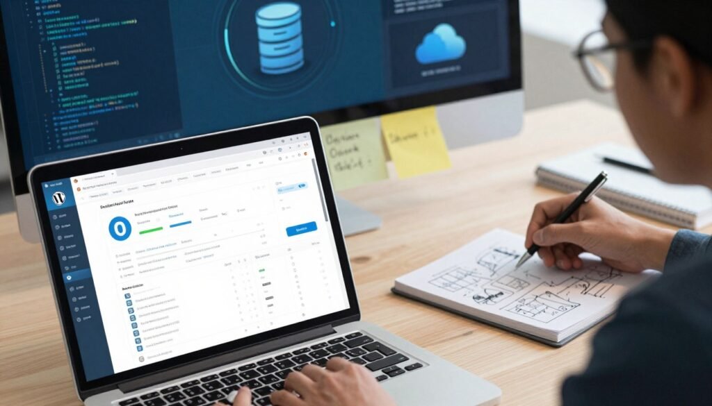 A modern WordPress management center depicted as a sleek, user-friendly dashboard on a vibrant screen. The foreground features a close-up of a laptop displaying various tools like performance metrics, security settings, and content management options, with professional business individuals in smart casual attire collaborating in discussion. The middle ground shows a bright, well-organized digital workspace filled with notes and design sketches related to website optimization. In the background, abstract representations of coding, server icons, and cloud storage enhance the tech-savvy atmosphere. The scene is warmly lit with soft shadows to evoke a productive and innovative mood, captured with a slightly elevated angle, emphasizing the interactive tools available for managed WordPress hosting solutions. A modern WordPress management center depicted as a sleek, user-friendly dashboard on a vibrant screen. The foreground features a close-up of a laptop displaying various tools like performance metrics, security settings, and content management options, with professional business individuals in smart casual attire collaborating in discussion. The middle ground shows a bright, well-organized digital workspace filled with notes and design sketches related to website optimization. In the background, abstract representations of coding, server icons, and cloud storage enhance the tech-savvy atmosphere. The scene is warmly lit with soft shadows to evoke a productive and innovative mood, captured with a slightly elevated angle, emphasizing the interactive tools available for managed WordPress hosting solutions.