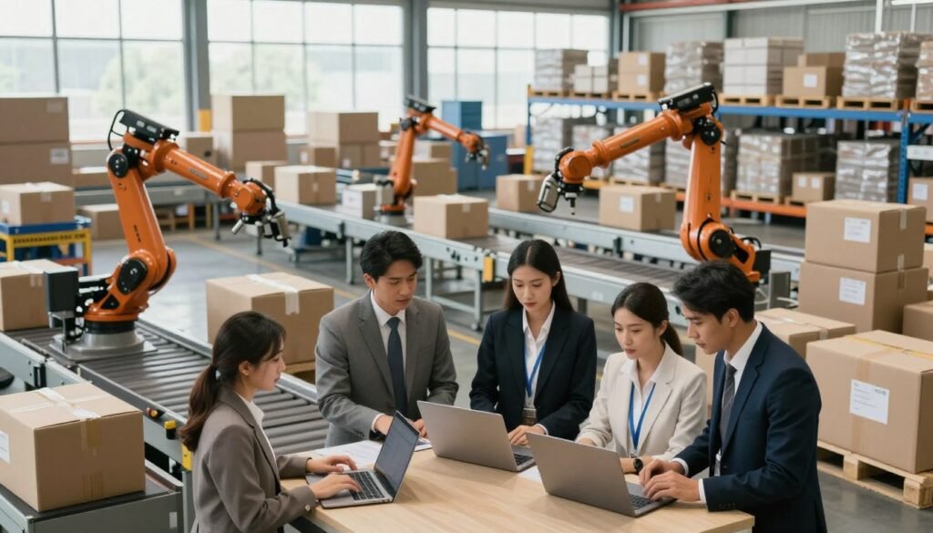 A modern and efficient shipping workflow depicted in a busy logistics hub. In the foreground, a diverse team of professionals in smart business attire collaboratively working on laptops and discussing shipping strategies. In the middle ground, automated conveyor belts and robotic arms seamlessly sorting packages with precision. The background features large windows allowing natural light to flood in, revealing a bustling warehouse filled with neatly organized pallets and shipping labels. The atmosphere is dynamic and focused, conveying a sense of speed and efficiency. Soft, diffused lighting enhances the clean and modern aesthetic, while a wide-angle lens captures the breadth of the operation, emphasizing the integration of technology and teamwork in streamlining shipping processes. A modern and efficient shipping workflow depicted in a busy logistics hub. In the foreground, a diverse team of professionals in smart business attire collaboratively working on laptops and discussing shipping strategies. In the middle ground, automated conveyor belts and robotic arms seamlessly sorting packages with precision. The background features large windows allowing natural light to flood in, revealing a bustling warehouse filled with neatly organized pallets and shipping labels. The atmosphere is dynamic and focused, conveying a sense of speed and efficiency. Soft, diffused lighting enhances the clean and modern aesthetic, while a wide-angle lens captures the breadth of the operation, emphasizing the integration of technology and teamwork in streamlining shipping processes.