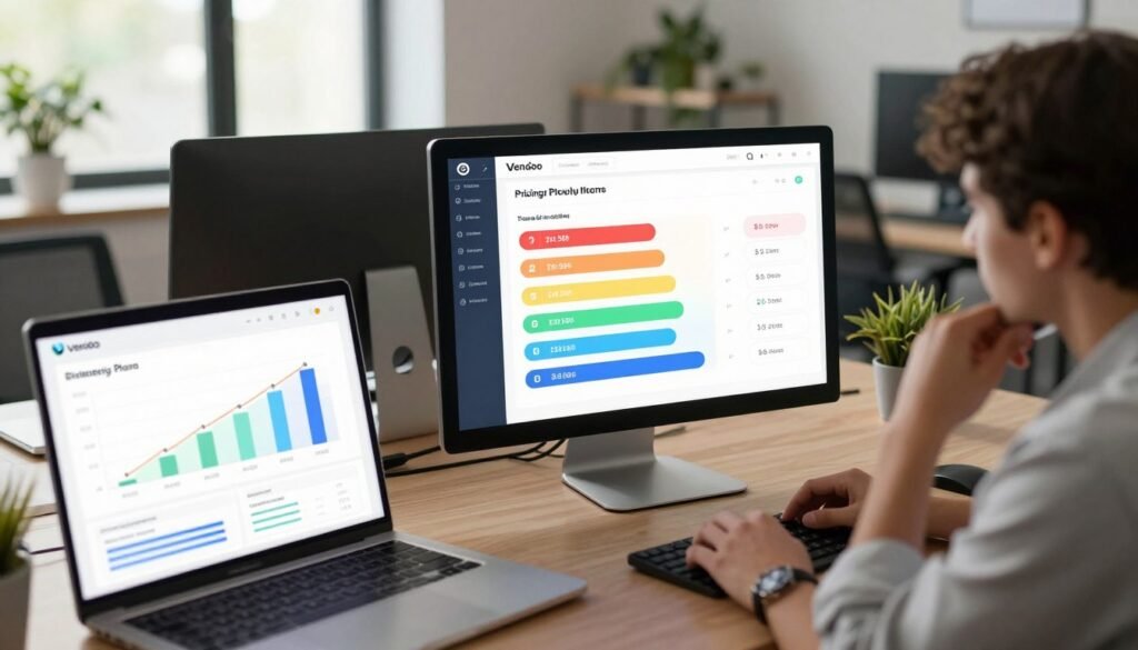A modern and professional workspace showcasing a digital pricing plan for an online selling platform like Vendoo. In the foreground, there are sleek electronic devices displaying graphs and pricing tiers. The middle of the image features a large, virtual screen with colorful infographics illustrating monthly subscription costs. In the background, a stylish office setting with a large window, allowing natural light to illuminate the space, emphasizing productivity. The atmosphere is organized and inspiring, reflecting a sense of clarity and professionalism. Include a person in business attire, analyzing the graphs thoughtfully, contributing to a serious yet optimistic mood, engaged in the pricing strategy discussion. Opt for a slightly elevated angle to capture the entire scene, with gentle, warm lighting to create a welcoming ambiance. A modern and professional workspace showcasing a digital pricing plan for an online selling platform like Vendoo. In the foreground, there are sleek electronic devices displaying graphs and pricing tiers. The middle of the image features a large, virtual screen with colorful infographics illustrating monthly subscription costs. In the background, a stylish office setting with a large window, allowing natural light to illuminate the space, emphasizing productivity. The atmosphere is organized and inspiring, reflecting a sense of clarity and professionalism. Include a person in business attire, analyzing the graphs thoughtfully, contributing to a serious yet optimistic mood, engaged in the pricing strategy discussion. Opt for a slightly elevated angle to capture the entire scene, with gentle, warm lighting to create a welcoming ambiance.