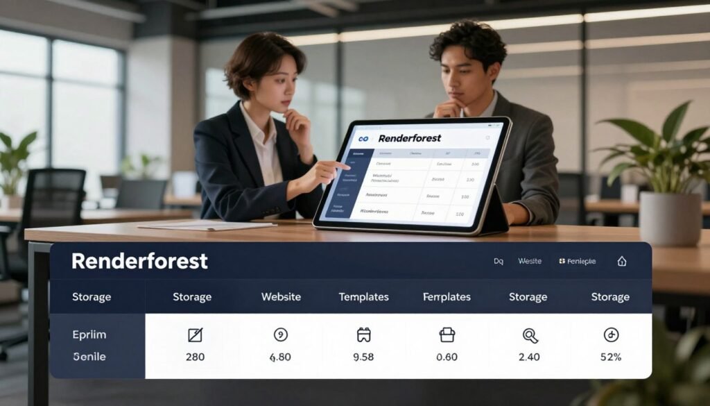 A modern and sleek pricing and subscription plan display for Renderforest, presented in an infographic style. In the foreground, showcase a table with clearly defined tiers of subscription options, featuring icons representing features such as website templates and storage. In the middle layer, add a professional business person in smart attire analyzing the pricing plans on a digital tablet, with a thoughtful expression. In the background, illustrate a contemporary office setting with soft, ambient lighting, large windows, and greenery for a calm atmosphere. Use a wide-angle lens perspective to capture the entire scene with a focus on clarity and professionalism. The overall mood should be informative and inviting, emphasizing the value of Renderforest's services. A modern and sleek pricing and subscription plan display for Renderforest, presented in an infographic style. In the foreground, showcase a table with clearly defined tiers of subscription options, featuring icons representing features such as website templates and storage. In the middle layer, add a professional business person in smart attire analyzing the pricing plans on a digital tablet, with a thoughtful expression. In the background, illustrate a contemporary office setting with soft, ambient lighting, large windows, and greenery for a calm atmosphere. Use a wide-angle lens perspective to capture the entire scene with a focus on clarity and professionalism. The overall mood should be informative and inviting, emphasizing the value of Renderforest's services.