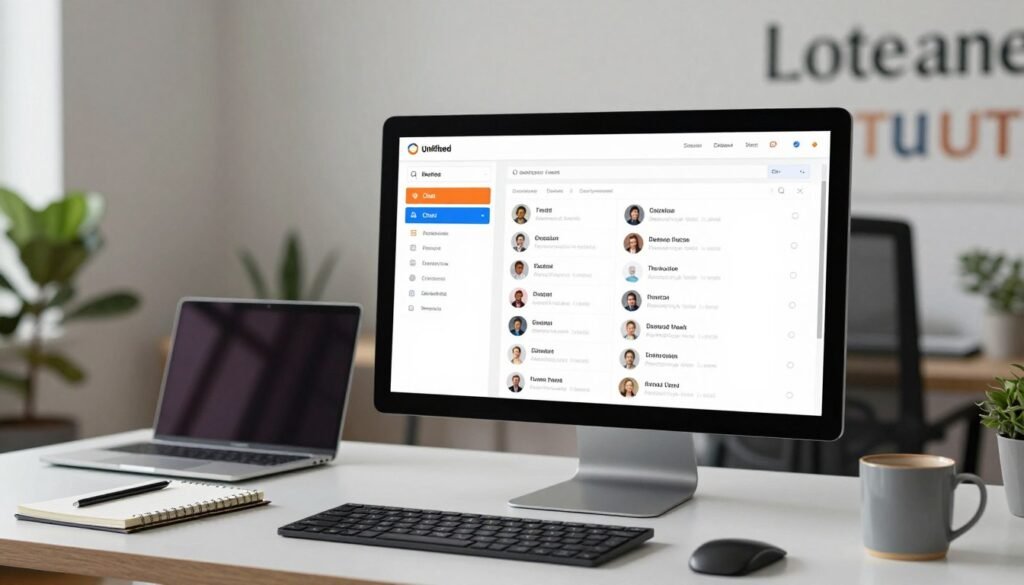 A modern and sleek unified inbox interface for managing customer conversations and support, set on a digital workspace. In the foreground, display a computer monitor showcasing a vibrant, user-friendly dashboard filled with chat notifications, customer queries, and support tickets, all organized efficiently. The middle layer features a neatly arranged desk with a stylish laptop, a notepad, and a coffee mug, symbolizing a productive work environment. In the background, soft lighting illuminates a contemporary office space with a motivational quote on a wall and plants adding a touch of greenery. The overall atmosphere is one of professionalism and efficiency, reflecting an effective customer service tool. The scene should evoke a sense of calm and focus, with a clean, modern aesthetic. A modern and sleek unified inbox interface for managing customer conversations and support, set on a digital workspace. In the foreground, display a computer monitor showcasing a vibrant, user-friendly dashboard filled with chat notifications, customer queries, and support tickets, all organized efficiently. The middle layer features a neatly arranged desk with a stylish laptop, a notepad, and a coffee mug, symbolizing a productive work environment. In the background, soft lighting illuminates a contemporary office space with a motivational quote on a wall and plants adding a touch of greenery. The overall atmosphere is one of professionalism and efficiency, reflecting an effective customer service tool. The scene should evoke a sense of calm and focus, with a clean, modern aesthetic.