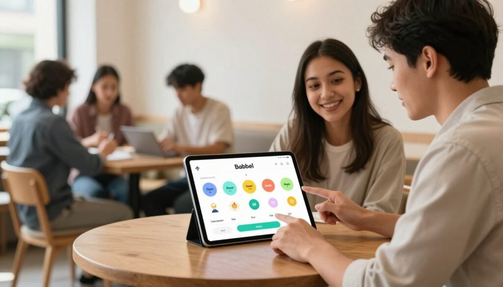 A modern and user-friendly language learning app interface displayed on a tablet, showcasing the Babbel app in action. In the foreground, a diverse group of two users, a young woman of Middle-Eastern descent and a young man of Asian descent, are engaged in using the app, sitting in a bright, airy café with minimalistic décor. The tablet is prominently featured, with colorful graphics of vocabulary and interactive exercises on the screen. In the middle background, a soft focus reveals other patrons studying or chatting, contributing to a lively yet focused atmosphere. Natural light filters in, creating a warm and inviting environment that evokes motivation and excitement for learning. A shallow depth of field brings attention to the users while maintaining a professional and engaging ambiance. A modern and user-friendly language learning app interface displayed on a tablet, showcasing the Babbel app in action. In the foreground, a diverse group of two users, a young woman of Middle-Eastern descent and a young man of Asian descent, are engaged in using the app, sitting in a bright, airy café with minimalistic décor. The tablet is prominently featured, with colorful graphics of vocabulary and interactive exercises on the screen. In the middle background, a soft focus reveals other patrons studying or chatting, contributing to a lively yet focused atmosphere. Natural light filters in, creating a warm and inviting environment that evokes motivation and excitement for learning. A shallow depth of field brings attention to the users while maintaining a professional and engaging ambiance.