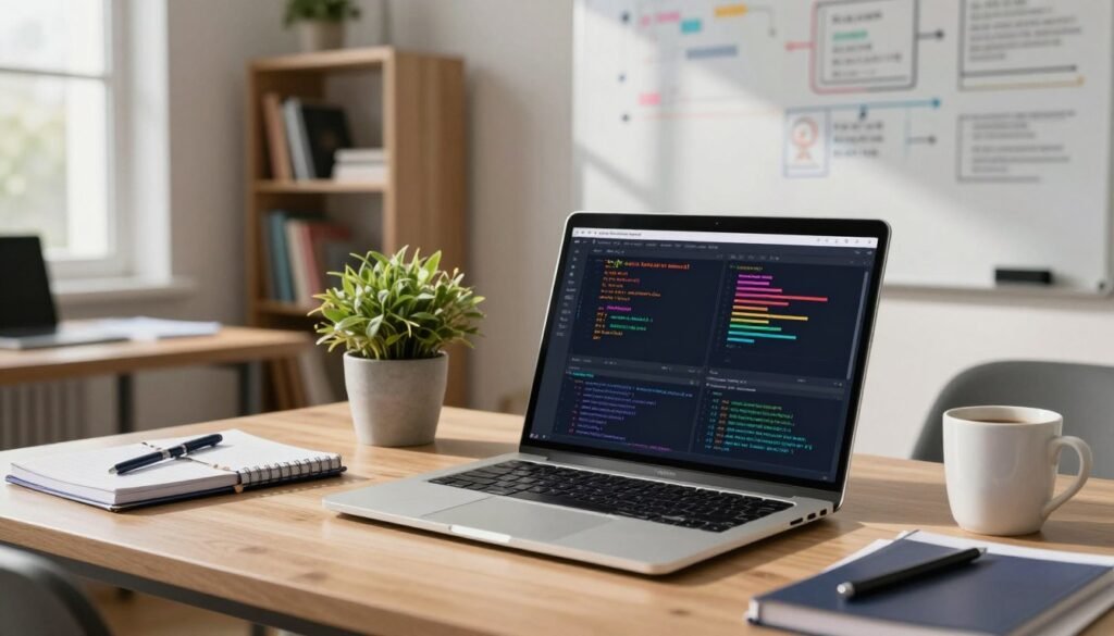 A modern coding environment showcasing DataCamp Workspaces, filled with vibrant, engaging visuals. In the foreground, a sleek laptop sits open, displaying the DataCamp coding interface with colorful graphs and charts emanating from various data visualizations. Next to the laptop, a potted plant adds a touch of nature. In the middle ground, a desk cluttered with notebooks, coding reference materials, and a coffee mug creates a casual yet focused atmosphere. The background features a softly lit room with bookshelves, a whiteboard filled with data concepts, and a large window allowing natural light to stream in, casting gentle shadows. The mood is collaborative and dynamic, encouraging hands-on learning and creativity in data analytics. A modern coding environment showcasing DataCamp Workspaces, filled with vibrant, engaging visuals. In the foreground, a sleek laptop sits open, displaying the DataCamp coding interface with colorful graphs and charts emanating from various data visualizations. Next to the laptop, a potted plant adds a touch of nature. In the middle ground, a desk cluttered with notebooks, coding reference materials, and a coffee mug creates a casual yet focused atmosphere. The background features a softly lit room with bookshelves, a whiteboard filled with data concepts, and a large window allowing natural light to stream in, casting gentle shadows. The mood is collaborative and dynamic, encouraging hands-on learning and creativity in data analytics.