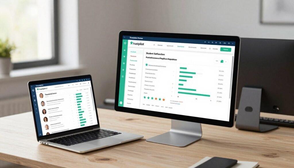 A modern digital workspace displaying a visual analysis of Trustpilot reviews and platform reputation. In the foreground, an elegant desktop with a laptop open to a Trustpilot dashboard showing ratings and user feedback. In the middle, a vibrant infographic detailing statistics on student satisfaction, trustworthiness, and safety. The background features a sleek, minimalistic office setting with soft, natural lighting coming from a nearby window, creating a warm and inviting atmosphere. A subtle color palette of blues and greens conveys professionalism. Use a high-angle shot to capture the arrangement, emphasizing clarity and focus on the Trustpilot elements, ensuring a polished, business-like presentation. A modern digital workspace displaying a visual analysis of Trustpilot reviews and platform reputation. In the foreground, an elegant desktop with a laptop open to a Trustpilot dashboard showing ratings and user feedback. In the middle, a vibrant infographic detailing statistics on student satisfaction, trustworthiness, and safety. The background features a sleek, minimalistic office setting with soft, natural lighting coming from a nearby window, creating a warm and inviting atmosphere. A subtle color palette of blues and greens conveys professionalism. Use a high-angle shot to capture the arrangement, emphasizing clarity and focus on the Trustpilot elements, ensuring a polished, business-like presentation.