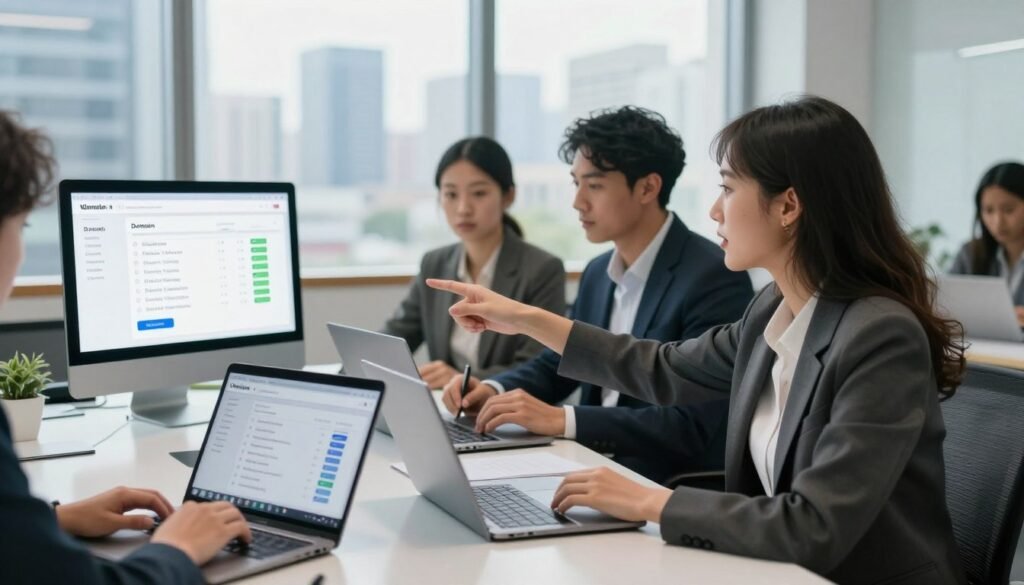 A modern digital workspace highlighting a diverse group of professionals evaluating web hosting solutions, seated around a sleek conference table with laptops open, focusing on domain name options. In the foreground, a woman in smart casual attire points at a screen displaying domain name registration statistics, her expression engaged and enthusiastic. The middle space features a man in a suit, jotting down notes, while a woman in professional business attire listens attentively. The background includes a large window showcasing a city skyline, flowing natural light illuminating the scene, creating a productive and collaborative atmosphere. The overall mood is dynamic and forward-thinking, emphasizing teamwork in the tech industry. A modern digital workspace highlighting a diverse group of professionals evaluating web hosting solutions, seated around a sleek conference table with laptops open, focusing on domain name options. In the foreground, a woman in smart casual attire points at a screen displaying domain name registration statistics, her expression engaged and enthusiastic. The middle space features a man in a suit, jotting down notes, while a woman in professional business attire listens attentively. The background includes a large window showcasing a city skyline, flowing natural light illuminating the scene, creating a productive and collaborative atmosphere. The overall mood is dynamic and forward-thinking, emphasizing teamwork in the tech industry.