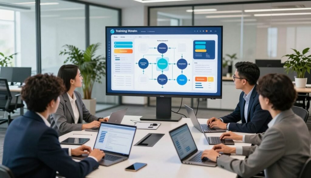 A modern, digital workspace showcasing an all-in-one training platform. In the foreground, a diverse group of professionals, dressed in smart business attire, collaborate around a sleek table with laptops and tablets. In the middle, a large interactive screen displays vibrant charts and process diagrams, symbolizing streamlined training management. The background features a contemporary office with glass walls, potted plants, and natural light streaming in, creating a bright, welcoming atmosphere. The overall mood is energetic and focused, emphasizing teamwork and innovation. Use soft, even lighting to enhance the clarity of the digital elements, capturing the essence of a high-tech training environment. The image should have a slightly elevated angle to provide a panoramic view of the scene. A modern, digital workspace showcasing an all-in-one training platform. In the foreground, a diverse group of professionals, dressed in smart business attire, collaborate around a sleek table with laptops and tablets. In the middle, a large interactive screen displays vibrant charts and process diagrams, symbolizing streamlined training management. The background features a contemporary office with glass walls, potted plants, and natural light streaming in, creating a bright, welcoming atmosphere. The overall mood is energetic and focused, emphasizing teamwork and innovation. Use soft, even lighting to enhance the clarity of the digital elements, capturing the essence of a high-tech training environment. The image should have a slightly elevated angle to provide a panoramic view of the scene.