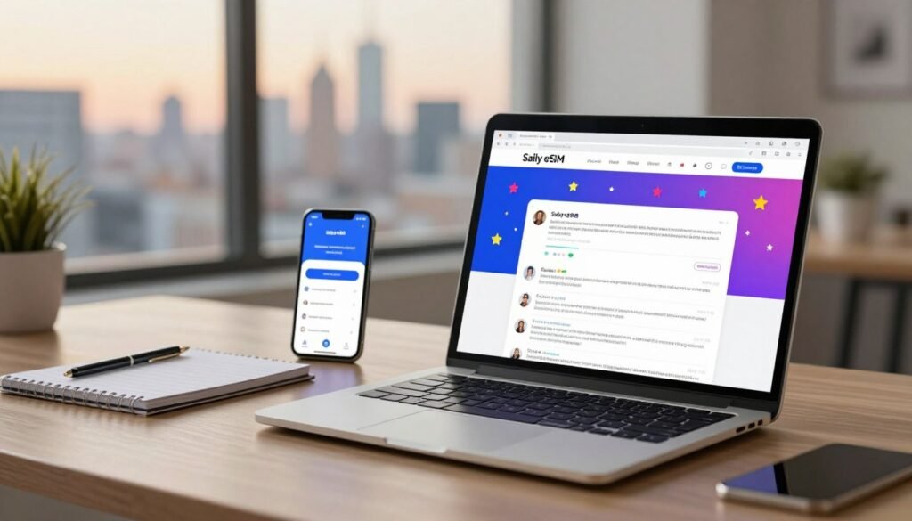 A modern digital workspace showcasing user reviews and ratings for an eSIM service. In the foreground, depict a laptop with an open browser displaying a vibrant webpage filled with colorful stars and user comments about the Saily eSIM. In the middle ground, add a clean, elegantly designed workspace with a notepad and a smartphone showcasing the service. In the background, portray a soft focus of a city skyline through a large window, indicating a bustling tech hub. The lighting should be warm and inviting, creating a professional yet relaxed atmosphere. Use a shallow depth of field to emphasize the laptop, while the overall mood reflects trust and satisfaction in digital service experiences. A modern digital workspace showcasing user reviews and ratings for an eSIM service. In the foreground, depict a laptop with an open browser displaying a vibrant webpage filled with colorful stars and user comments about the Saily eSIM. In the middle ground, add a clean, elegantly designed workspace with a notepad and a smartphone showcasing the service. In the background, portray a soft focus of a city skyline through a large window, indicating a bustling tech hub. The lighting should be warm and inviting, creating a professional yet relaxed atmosphere. Use a shallow depth of field to emphasize the laptop, while the overall mood reflects trust and satisfaction in digital service experiences.
