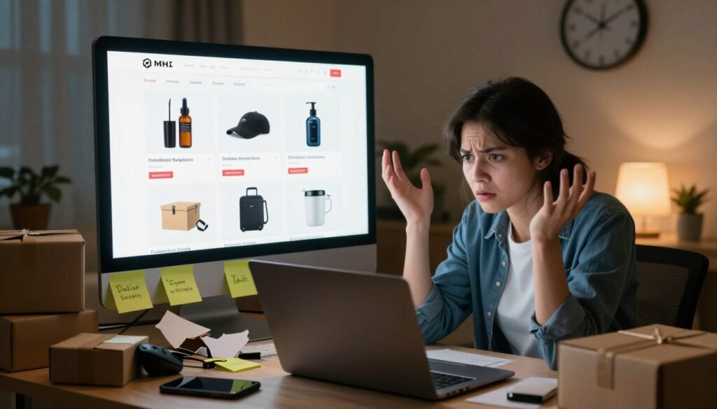 A modern e-commerce platform interface displays various products for sale, showcasing common challenges and potential drawbacks of using online marketplaces. In the foreground, a frustrated user, a young professional in smart casual attire, stares at a laptop screen, hands raised in confusion, surrounded by a clutter of packaging materials and sale items. In the middle ground, a visibly cluttered desktop with sticky notes, broken products, and a phone ringing, conveying a sense of chaos. The background features a dimly lit room with a wall clock showing late hours, symbolizing the time-consuming nature of online shopping challenges. Warm lighting emphasizes the user’s expression while casting shadows that evoke tension and frustration. The overall atmosphere is one of concern and contemplation, perfectly illustrating the challenges faced by online shoppers. A modern e-commerce platform interface displays various products for sale, showcasing common challenges and potential drawbacks of using online marketplaces. In the foreground, a frustrated user, a young professional in smart casual attire, stares at a laptop screen, hands raised in confusion, surrounded by a clutter of packaging materials and sale items. In the middle ground, a visibly cluttered desktop with sticky notes, broken products, and a phone ringing, conveying a sense of chaos. The background features a dimly lit room with a wall clock showing late hours, symbolizing the time-consuming nature of online shopping challenges. Warm lighting emphasizes the user’s expression while casting shadows that evoke tension and frustration. The overall atmosphere is one of concern and contemplation, perfectly illustrating the challenges faced by online shoppers.