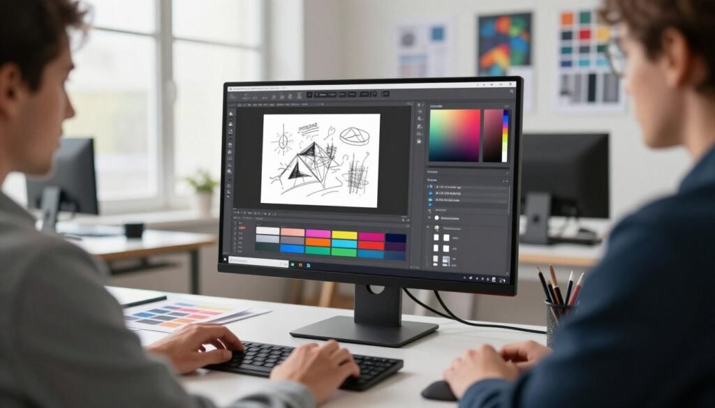 A modern graphic design workspace featuring the Amadine software interface displayed on a sleek computer monitor. In the foreground, an artist, dressed in professional business attire, is actively engaged in using the tools, showcasing a vibrant selection of color palettes, shape toolbars, and layer options. The middle layer captures graphic design elements like draft sketches and color swatches scattered across a stylish desk. In the background, large windows let in natural light, enhancing the creative atmosphere and illuminating various design prints on the walls. The setting is bright and inviting, with a focus on innovation and creativity, conveying a mood of inspiration and professionalism. The image has a slight depth of field, emphasizing the artist's concentration on the digital tools at hand. A modern graphic design workspace featuring the Amadine software interface displayed on a sleek computer monitor. In the foreground, an artist, dressed in professional business attire, is actively engaged in using the tools, showcasing a vibrant selection of color palettes, shape toolbars, and layer options. The middle layer captures graphic design elements like draft sketches and color swatches scattered across a stylish desk. In the background, large windows let in natural light, enhancing the creative atmosphere and illuminating various design prints on the walls. The setting is bright and inviting, with a focus on innovation and creativity, conveying a mood of inspiration and professionalism. The image has a slight depth of field, emphasizing the artist's concentration on the digital tools at hand.