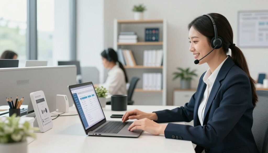 A modern help center workspace featuring a sleek, organized desk with a laptop open to a support dashboard. In the foreground, a friendly support agent in professional attire, smiling and ready to assist, engages with customers through a headset. In the middle ground, shelves filled with neatly arranged support resources like books, guides, and digital devices. The background includes a large window allowing natural light to illuminate the space, contributing to a bright, welcoming atmosphere. Soft colors and a minimalist design evoke a professional yet approachable feel. The overall mood is one of helpfulness and efficiency, ideal for a support and resources theme. A modern help center workspace featuring a sleek, organized desk with a laptop open to a support dashboard. In the foreground, a friendly support agent in professional attire, smiling and ready to assist, engages with customers through a headset. In the middle ground, shelves filled with neatly arranged support resources like books, guides, and digital devices. The background includes a large window allowing natural light to illuminate the space, contributing to a bright, welcoming atmosphere. Soft colors and a minimalist design evoke a professional yet approachable feel. The overall mood is one of helpfulness and efficiency, ideal for a support and resources theme.
