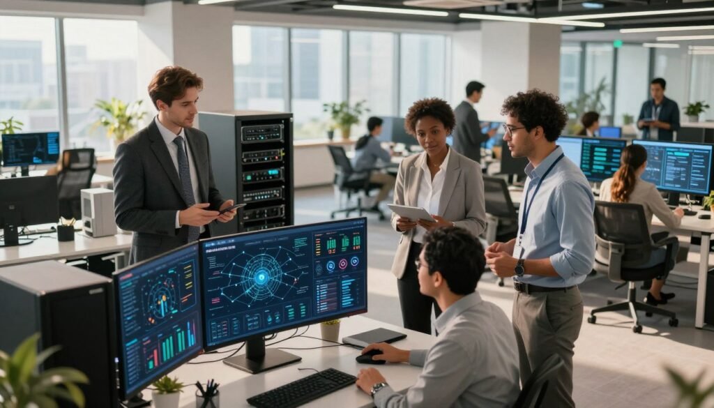 A modern, integrated infrastructure services scene, showcasing a sleek office environment with advanced technology. In the foreground, a team of diverse professionals in business attire enthusiastically discussing a digital dashboard filled with data analytics and network solutions. The middle ground features high-tech equipment, such as servers and networking devices, along with digital screens displaying real-time data. The background reveals a bright, open space filled with natural light, large windows, and cityscape views, symbolizing connectivity. The lighting is warm and inviting, creating a productive atmosphere. Capture this from a slightly elevated angle, emphasizing collaboration and innovation in infrastructure services. A modern, integrated infrastructure services scene, showcasing a sleek office environment with advanced technology. In the foreground, a team of diverse professionals in business attire enthusiastically discussing a digital dashboard filled with data analytics and network solutions. The middle ground features high-tech equipment, such as servers and networking devices, along with digital screens displaying real-time data. The background reveals a bright, open space filled with natural light, large windows, and cityscape views, symbolizing connectivity. The lighting is warm and inviting, creating a productive atmosphere. Capture this from a slightly elevated angle, emphasizing collaboration and innovation in infrastructure services.