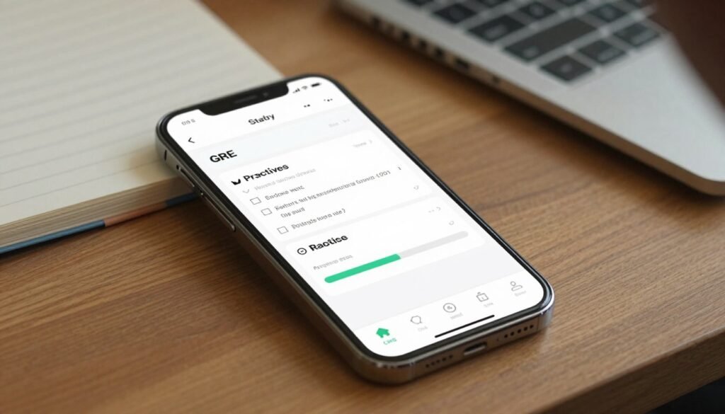A modern mobile app interface displayed on a smartphone, showcasing features for preparing for the GRE exam. In the foreground, the sleek phone sits on a wooden desk with study materials like notes and books subtly blurred in the background. The app screen prominently shows an organized study plan, practice questions, and a progress tracker. The lighting is warm and inviting, suggesting a cozy study environment. The mood is focused yet relaxed, ideal for a student preparing for the GRE. The angle captures the phone from slightly above, emphasizing its functionality and user-friendly design. No people are depicted, allowing the viewer to imagine themselves using the app. A modern mobile app interface displayed on a smartphone, showcasing features for preparing for the GRE exam. In the foreground, the sleek phone sits on a wooden desk with study materials like notes and books subtly blurred in the background. The app screen prominently shows an organized study plan, practice questions, and a progress tracker. The lighting is warm and inviting, suggesting a cozy study environment. The mood is focused yet relaxed, ideal for a student preparing for the GRE. The angle captures the phone from slightly above, emphasizing its functionality and user-friendly design. No people are depicted, allowing the viewer to imagine themselves using the app.