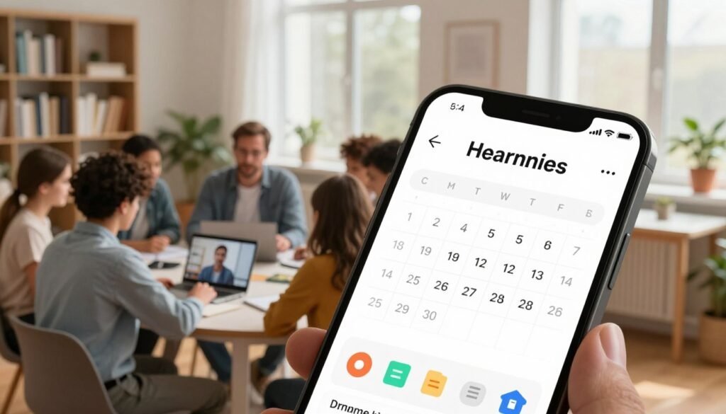 A modern mobile app interface showcasing personalized learning features, prominently displayed in the foreground. The screen should illustrate a calendar integration with optimized lesson scheduling, along with icons for video chat and educational materials. In the middle ground, depict a cozy study space with a professional tutor, dressed in business casual attire, engaging with a diverse group of students on their devices. The background features a bright, airy room with bookshelves, ambient light filtering through large windows, and plants for a welcoming atmosphere. Use soft lighting to create a warm and inviting mood, with a slightly blurred depth of field focusing on the app interface and interaction. The lens angle should give a slightly elevated view, emphasizing the connection between the app and the tutoring experience. A modern mobile app interface showcasing personalized learning features, prominently displayed in the foreground. The screen should illustrate a calendar integration with optimized lesson scheduling, along with icons for video chat and educational materials. In the middle ground, depict a cozy study space with a professional tutor, dressed in business casual attire, engaging with a diverse group of students on their devices. The background features a bright, airy room with bookshelves, ambient light filtering through large windows, and plants for a welcoming atmosphere. Use soft lighting to create a warm and inviting mood, with a slightly blurred depth of field focusing on the app interface and interaction. The lens angle should give a slightly elevated view, emphasizing the connection between the app and the tutoring experience.
