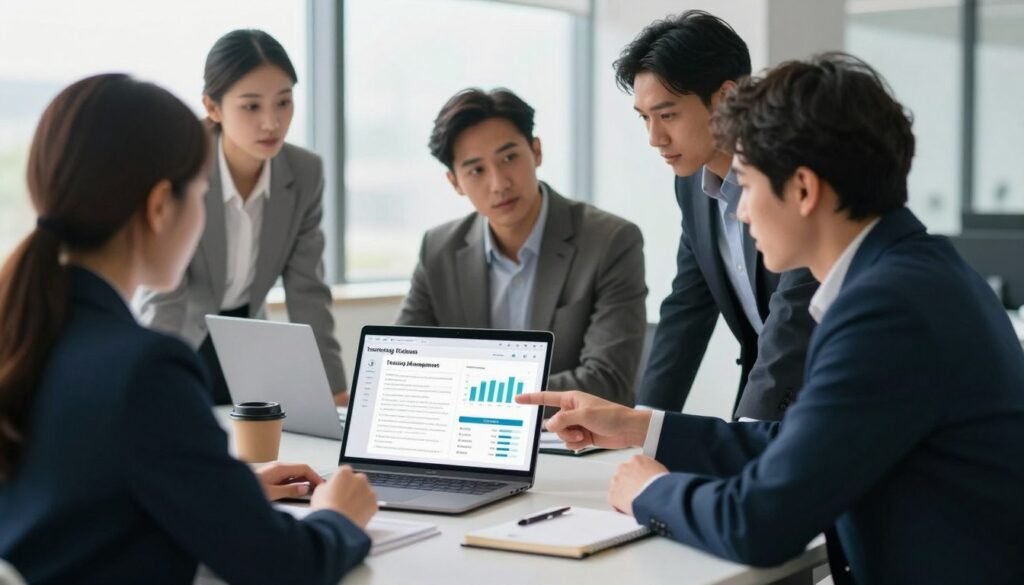 A modern office environment showcasing a balanced review of a training management platform, with a sleek, contemporary desk in the foreground. On the desk, there’s a laptop open with graphs and feedback forms displayed, alongside a notepad and a cup of coffee. In the middle layer, a diverse group of three professional individuals in business attire are engaged in a thoughtful discussion, pointing at the laptop screen. The background features large windows allowing natural light to flood the space, creating a bright and inviting atmosphere. Soft shadows enhance the depth. The overall mood is focused yet collaborative, emphasizing clarity in decision-making about training management. A modern office environment showcasing a balanced review of a training management platform, with a sleek, contemporary desk in the foreground. On the desk, there’s a laptop open with graphs and feedback forms displayed, alongside a notepad and a cup of coffee. In the middle layer, a diverse group of three professional individuals in business attire are engaged in a thoughtful discussion, pointing at the laptop screen. The background features large windows allowing natural light to flood the space, creating a bright and inviting atmosphere. Soft shadows enhance the depth. The overall mood is focused yet collaborative, emphasizing clarity in decision-making about training management.