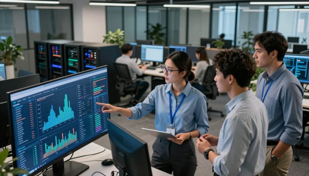 A modern office environment showcasing a proactive approach to IT management. In the foreground, a diverse group of three professionals, a woman wearing a tailored blazer and two men in smart casual attire, are analyzing data on a large digital screen, with graphs and analytics displayed prominently. In the middle ground, an open workspace filled with advanced tech equipment, such as servers and high-performance computers, emphasizes a collaborative atmosphere. The background features glass partitions and greenery, adding a fresh touch. Soft, ambient lighting illuminates the scene, creating a focused yet inviting mood. The angle is slightly elevated, capturing the interaction between team members and the technology they utilize, symbolizing the shift from problem-solving to problem prevention in IT management. A modern office environment showcasing a proactive approach to IT management. In the foreground, a diverse group of three professionals, a woman wearing a tailored blazer and two men in smart casual attire, are analyzing data on a large digital screen, with graphs and analytics displayed prominently. In the middle ground, an open workspace filled with advanced tech equipment, such as servers and high-performance computers, emphasizes a collaborative atmosphere. The background features glass partitions and greenery, adding a fresh touch. Soft, ambient lighting illuminates the scene, creating a focused yet inviting mood. The angle is slightly elevated, capturing the interaction between team members and the technology they utilize, symbolizing the shift from problem-solving to problem prevention in IT management.