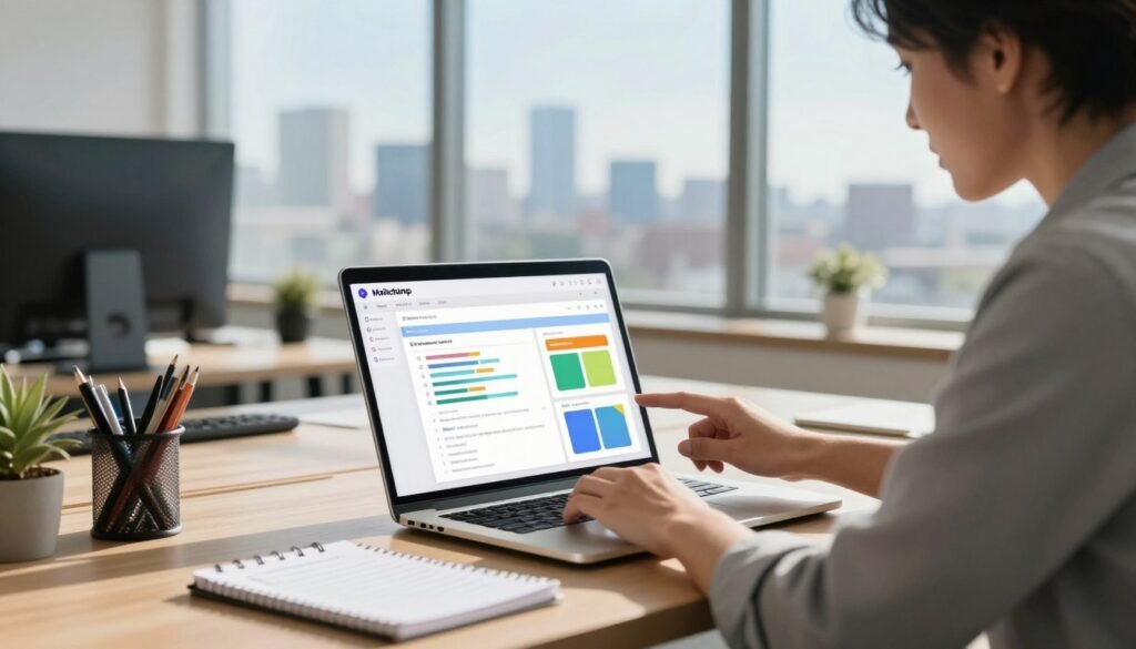 A modern office environment showcasing an engaged business professional analyzing email campaign performance on a sleek laptop. In the foreground, a focused individual in smart casual attire examines colorful graphs and charts displayed on the screen, reflecting Mailchimp's analytics. The middle section includes an organized desk with office supplies and a notepad filled with notes. In the background, a large window offers a view of a city skyline under a bright, clear sky, providing natural light that highlights the workspace. The overall atmosphere is productive and insightful, emphasizing the importance of informed decision-making in email marketing strategies. The composition should convey a sense of clarity and intention, with a balanced focus and warm lighting to enhance the professional setting. A modern office environment showcasing an engaged business professional analyzing email campaign performance on a sleek laptop. In the foreground, a focused individual in smart casual attire examines colorful graphs and charts displayed on the screen, reflecting Mailchimp's analytics. The middle section includes an organized desk with office supplies and a notepad filled with notes. In the background, a large window offers a view of a city skyline under a bright, clear sky, providing natural light that highlights the workspace. The overall atmosphere is productive and insightful, emphasizing the importance of informed decision-making in email marketing strategies. The composition should convey a sense of clarity and intention, with a balanced focus and warm lighting to enhance the professional setting.