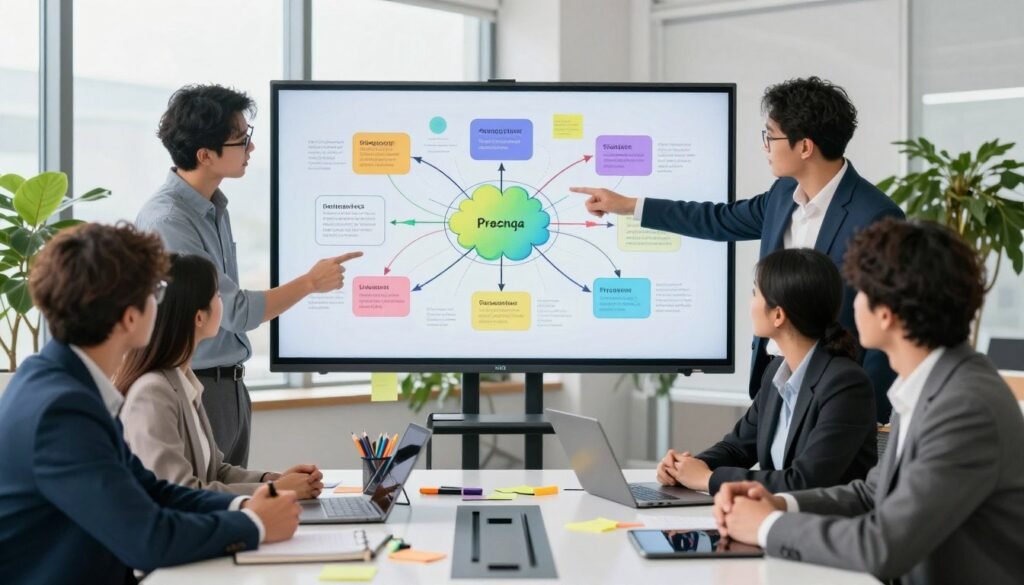 A modern office workspace featuring a large digital board displaying a colorful mind map for project management. In the foreground, a diverse group of four professionals, dressed in business attire, are collaboratively discussing the mind map, pointing at various nodes and pathways, with expressions of concentration and enthusiasm. The middle section includes various stationery tools like sticky notes, markers, and tablets scattered across a sleek conference table, emphasizing a dynamic planning environment. In the background, large windows allow natural light to pour in, creating a bright and inspiring atmosphere, complemented by green indoor plants that add a touch of vitality to the setting. The composition conveys a sense of collaboration and innovation, highlighting the effectiveness of visual planning tools in enhancing productivity. A modern office workspace featuring a large digital board displaying a colorful mind map for project management. In the foreground, a diverse group of four professionals, dressed in business attire, are collaboratively discussing the mind map, pointing at various nodes and pathways, with expressions of concentration and enthusiasm. The middle section includes various stationery tools like sticky notes, markers, and tablets scattered across a sleek conference table, emphasizing a dynamic planning environment. In the background, large windows allow natural light to pour in, creating a bright and inspiring atmosphere, complemented by green indoor plants that add a touch of vitality to the setting. The composition conveys a sense of collaboration and innovation, highlighting the effectiveness of visual planning tools in enhancing productivity.