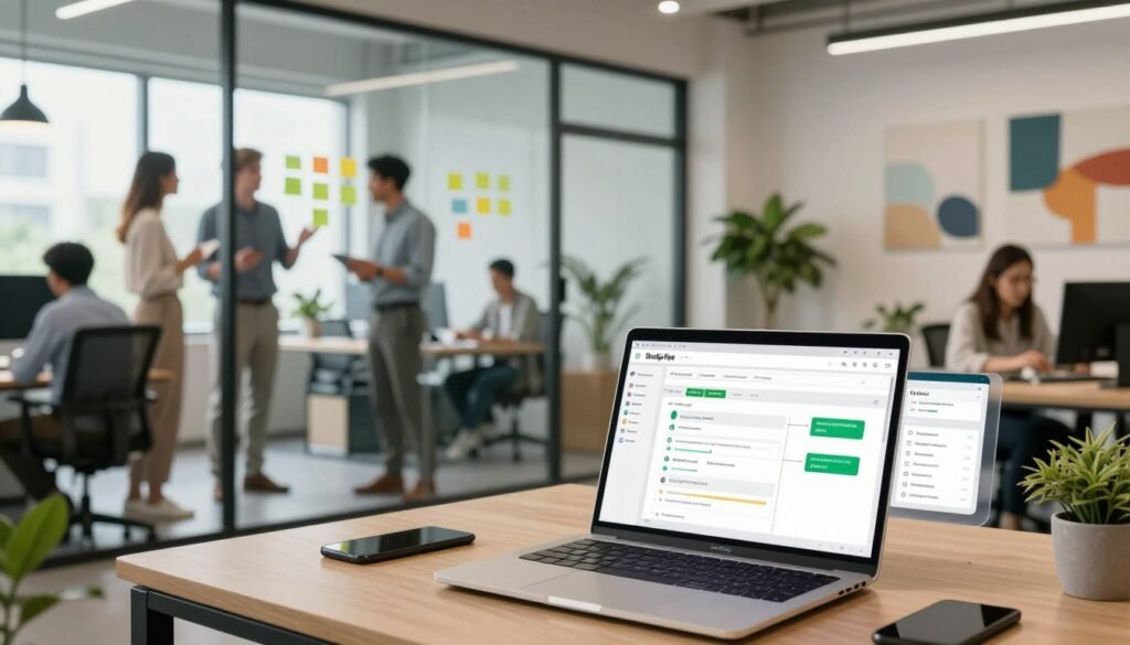 A modern office workspace showcasing the concept of automating business operations with Shopify Flow. In the foreground, a sleek laptop displays a dynamic flowchart visualizing automated workflows. A professional businesswoman in smart casual attire focuses on the screen, surrounded by digital interfaces showing various e-commerce tasks like inventory management and customer responses. In the middle ground, a large glass wall reveals a collaborative team engaged in energetic discussions, surrounded by post-it notes and brainstorming materials. The background features a bright, airy office with plants, large windows letting in natural light, and abstract art on the walls. The atmosphere is vibrant, innovative, and tech-driven, embodying the spirit of efficiency in online business operations. A modern office workspace showcasing the concept of automating business operations with Shopify Flow. In the foreground, a sleek laptop displays a dynamic flowchart visualizing automated workflows. A professional businesswoman in smart casual attire focuses on the screen, surrounded by digital interfaces showing various e-commerce tasks like inventory management and customer responses. In the middle ground, a large glass wall reveals a collaborative team engaged in energetic discussions, surrounded by post-it notes and brainstorming materials. The background features a bright, airy office with plants, large windows letting in natural light, and abstract art on the walls. The atmosphere is vibrant, innovative, and tech-driven, embodying the spirit of efficiency in online business operations.