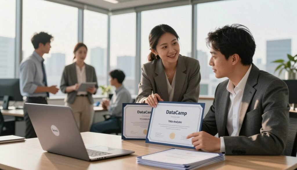 A modern office workspace showcasing two professionals discussing DataCamp certificates. In the foreground, a sleek laptop displaying the DataCamp logo is open beside a stack of framed certificates, symbolizing achievement in data analysis and programming courses. In the middle ground, a diverse group of professionals in business attire are engaged in conversation, with one pointing at the certificates, emphasizing their value in the job market. The background features a window with a city skyline, lit by the warm glow of morning sunlight, creating an inviting atmosphere. The composition captures a sense of ambition and professional growth, with a focus on the importance of continuous education in data skills. A modern office workspace showcasing two professionals discussing DataCamp certificates. In the foreground, a sleek laptop displaying the DataCamp logo is open beside a stack of framed certificates, symbolizing achievement in data analysis and programming courses. In the middle ground, a diverse group of professionals in business attire are engaged in conversation, with one pointing at the certificates, emphasizing their value in the job market. The background features a window with a city skyline, lit by the warm glow of morning sunlight, creating an inviting atmosphere. The composition captures a sense of ambition and professional growth, with a focus on the importance of continuous education in data skills.