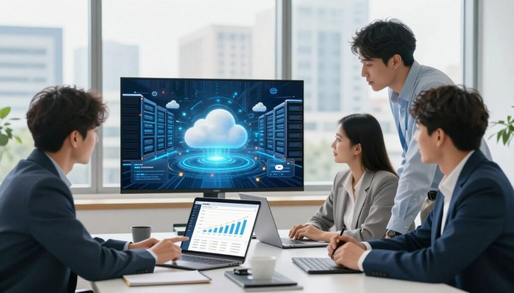 A modern, professional office scene illustrating the advantages of Hostinger web hosting. In the foreground, a diverse group of three business professionals in smart casual attire is gathered around a sleek conference table, engaged in a discussion about web hosting benefits. One person points to a laptop displaying performance graphs and hosting plans. The middle layer features vibrant visuals of cloud servers and digital landscapes, symbolizing speed and reliability. In the background, large windows showcase a bright, sunlit cityscape, suggesting growth and potential. Soft, natural lighting creates a welcoming atmosphere, while a slight depth of field focuses on the professionals, emphasizing teamwork and innovation. A modern, professional office scene illustrating the advantages of Hostinger web hosting. In the foreground, a diverse group of three business professionals in smart casual attire is gathered around a sleek conference table, engaged in a discussion about web hosting benefits. One person points to a laptop displaying performance graphs and hosting plans. The middle layer features vibrant visuals of cloud servers and digital landscapes, symbolizing speed and reliability. In the background, large windows showcase a bright, sunlit cityscape, suggesting growth and potential. Soft, natural lighting creates a welcoming atmosphere, while a slight depth of field focuses on the professionals, emphasizing teamwork and innovation.