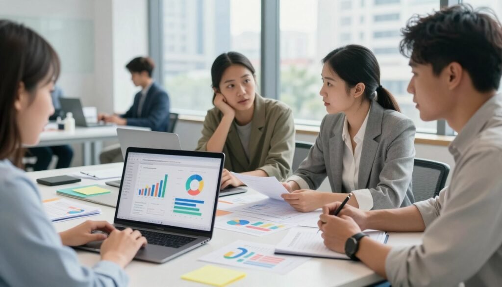 A modern research workspace showcasing a table filled with language learning study data. In the foreground, a laptop displaying graphs and statistics on language acquisition, surrounded by colorful charts and notes. In the middle, a diverse group of three professionals—two women and one man—engaged in discussion, dressed in smart casual attire. They’re examining the data together, with expressions of interest and curiosity. In the background, a large window reveals a bright, sunlit cityscape, contributing to a productive atmosphere. Soft natural lighting enhances the focus on the study materials. The scene captures an air of academic rigor and collaborative spirit, ideal for illustrating research into the effectiveness of language learning. A modern research workspace showcasing a table filled with language learning study data. In the foreground, a laptop displaying graphs and statistics on language acquisition, surrounded by colorful charts and notes. In the middle, a diverse group of three professionals—two women and one man—engaged in discussion, dressed in smart casual attire. They’re examining the data together, with expressions of interest and curiosity. In the background, a large window reveals a bright, sunlit cityscape, contributing to a productive atmosphere. Soft natural lighting enhances the focus on the study materials. The scene captures an air of academic rigor and collaborative spirit, ideal for illustrating research into the effectiveness of language learning.
