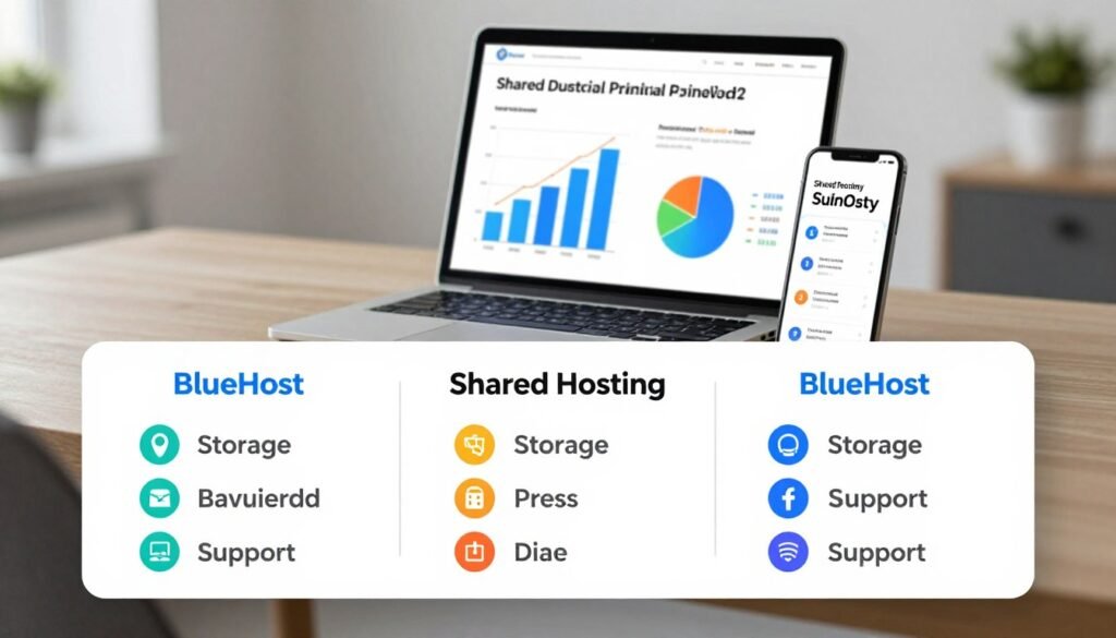 A modern, sleek infographic depicting a comparison of shared hosting pricing plans. In the foreground, a table with three columns showcasing distinct pricing plans from BlueHost. Each plan features clear, colorful icons representing storage, bandwidth, and support features, with subtle gradients for emphasis. In the middle ground, a laptop and smartphone displaying charts and graphs with contrasting colors that highlight special introductory offers and renewal rates. The background consists of a subtle office environment with soft lighting that creates a professional atmosphere, using a shallow depth of field to keep the focus on the pricing table. The image conveys a sense of reliability and clarity, ideal for an information-rich article. A modern, sleek infographic depicting a comparison of shared hosting pricing plans. In the foreground, a table with three columns showcasing distinct pricing plans from BlueHost. Each plan features clear, colorful icons representing storage, bandwidth, and support features, with subtle gradients for emphasis. In the middle ground, a laptop and smartphone displaying charts and graphs with contrasting colors that highlight special introductory offers and renewal rates. The background consists of a subtle office environment with soft lighting that creates a professional atmosphere, using a shallow depth of field to keep the focus on the pricing table. The image conveys a sense of reliability and clarity, ideal for an information-rich article.