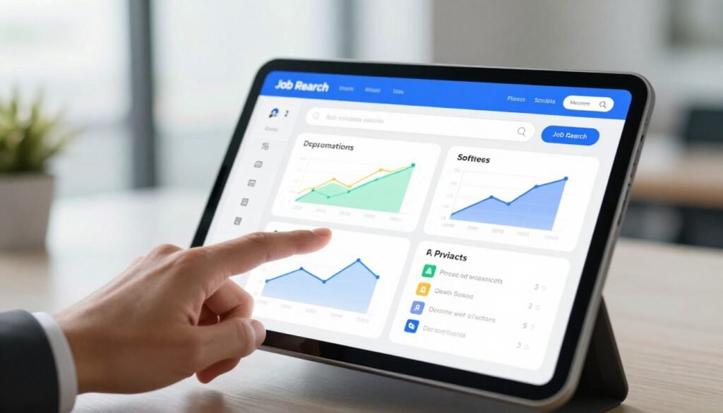 A modern, sleek job search app dashboard displayed on a high-resolution tablet. In the foreground, fingers of a professional individual in a business suit gently navigating the app, showcasing user-friendly features like a job search bar, filter options, and a section for privacy settings. The middle ground features a vibrant, dynamic interface with graphs displaying user insights such as application success rates and demographics. The background is smoothly blurred to emphasize the tablet while suggesting a contemporary office setting with soft, natural lighting pouring in from large windows, creating an optimistic and focused atmosphere. The overall mood is professional and efficient, representing the ease of navigating job opportunities through technology. A modern, sleek job search app dashboard displayed on a high-resolution tablet. In the foreground, fingers of a professional individual in a business suit gently navigating the app, showcasing user-friendly features like a job search bar, filter options, and a section for privacy settings. The middle ground features a vibrant, dynamic interface with graphs displaying user insights such as application success rates and demographics. The background is smoothly blurred to emphasize the tablet while suggesting a contemporary office setting with soft, natural lighting pouring in from large windows, creating an optimistic and focused atmosphere. The overall mood is professional and efficient, representing the ease of navigating job opportunities through technology.