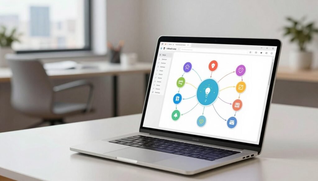 A modern user interface of a mind mapping software displayed on a sleek laptop. In the foreground, the laptop's screen shows a colorful, interactive mind map with various branches and icons representing ideas, seamlessly organized. The middle ground features a bright, minimalist workspace with a stylish desk and a comfortable office chair. Soft ambient lighting illuminates the scene, creating a productive atmosphere. In the background, a window reveals a scenic view of a city skyline, enhancing the feeling of an inspiring workspace. Use a shallow depth of field to focus on the laptop screen, conveying a sense of clarity and ease of use, inviting viewers to appreciate the user-friendly design of the software. A modern user interface of a mind mapping software displayed on a sleek laptop. In the foreground, the laptop's screen shows a colorful, interactive mind map with various branches and icons representing ideas, seamlessly organized. The middle ground features a bright, minimalist workspace with a stylish desk and a comfortable office chair. Soft ambient lighting illuminates the scene, creating a productive atmosphere. In the background, a window reveals a scenic view of a city skyline, enhancing the feeling of an inspiring workspace. Use a shallow depth of field to focus on the laptop screen, conveying a sense of clarity and ease of use, inviting viewers to appreciate the user-friendly design of the software.