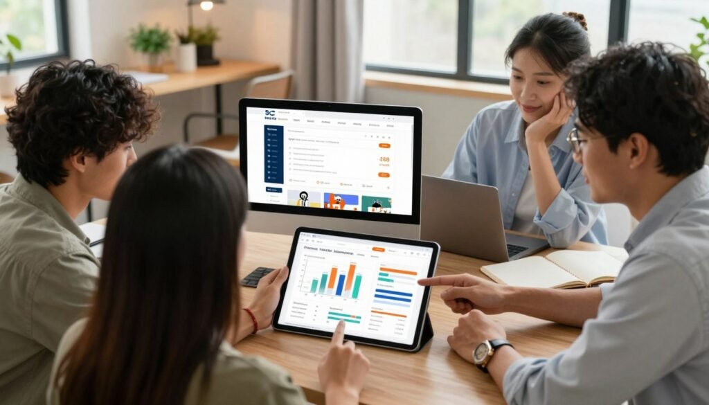 A modern, vibrant workspace that captures the essence of online learning pricing models. In the foreground, a diverse group of three professionals, dressed in smart casual attire, collaborate over a digital tablet displaying graphs and charts representing various pricing models. The middle ground showcases a sleek laptop with multiple screens showing course listings and discount offers. In the background, a stylish home office with large windows allowing soft, natural light to illuminate the scene, creating an inviting and dynamic atmosphere. Use a warm color palette to foster a sense of excitement and opportunity, emphasizing the theme of learning new skills. The perspective should be slightly elevated, providing a comprehensive view of the interactions and digital content without any text or distracting elements. A modern, vibrant workspace that captures the essence of online learning pricing models. In the foreground, a diverse group of three professionals, dressed in smart casual attire, collaborate over a digital tablet displaying graphs and charts representing various pricing models. The middle ground showcases a sleek laptop with multiple screens showing course listings and discount offers. In the background, a stylish home office with large windows allowing soft, natural light to illuminate the scene, creating an inviting and dynamic atmosphere. Use a warm color palette to foster a sense of excitement and opportunity, emphasizing the theme of learning new skills. The perspective should be slightly elevated, providing a comprehensive view of the interactions and digital content without any text or distracting elements.