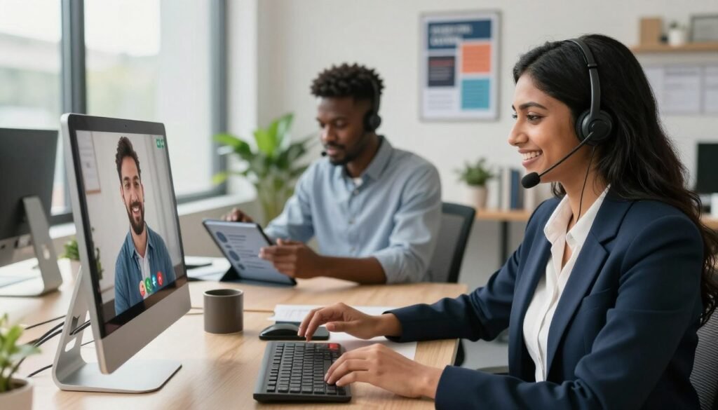 A modern, well-lit office environment showcasing a diverse team of professionals engaged in customer support. In the foreground, a friendly customer service representative, a South Asian woman in smart business attire, intently interacts with a customer via video call on a sleek computer setup. In the middle ground, another team member, a Black man dressed in a smart casual outfit, analyzes customer feedback on a digital tablet. Bright, natural light filters through large windows, casting soft shadows and creating an inviting atmosphere. In the background, an organized workspace with motivational posters and potted plants enhances the focus on customer experience and user satisfaction. The overall mood is collaborative and professional, highlighting a positive vibe around user experience and support. A modern, well-lit office environment showcasing a diverse team of professionals engaged in customer support. In the foreground, a friendly customer service representative, a South Asian woman in smart business attire, intently interacts with a customer via video call on a sleek computer setup. In the middle ground, another team member, a Black man dressed in a smart casual outfit, analyzes customer feedback on a digital tablet. Bright, natural light filters through large windows, casting soft shadows and creating an inviting atmosphere. In the background, an organized workspace with motivational posters and potted plants enhances the focus on customer experience and user satisfaction. The overall mood is collaborative and professional, highlighting a positive vibe around user experience and support.