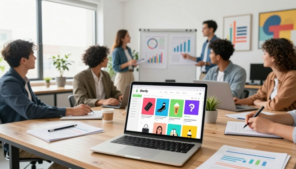 A modern workspace showcasing integrated marketing and sales tools for Shopify. In the foreground, a sleek laptop displaying the Shopify dashboard, surrounded by colorful marketing visuals like social media ads and product images. In the middle, a diverse group of professionals in business attire engaging in a brainstorming session, with charts and graphs on a whiteboard illustrating sales data and marketing strategies. The background features a bright, airy office space with large windows letting in natural light, plants, and motivational artwork. The atmosphere conveys creativity and collaboration, with a palette of vibrant colors to emphasize energy and innovation. Use a wide-angle lens for a dynamic perspective, capturing the essence of e-commerce success through teamwork and modern technology. A modern workspace showcasing integrated marketing and sales tools for Shopify. In the foreground, a sleek laptop displaying the Shopify dashboard, surrounded by colorful marketing visuals like social media ads and product images. In the middle, a diverse group of professionals in business attire engaging in a brainstorming session, with charts and graphs on a whiteboard illustrating sales data and marketing strategies. The background features a bright, airy office space with large windows letting in natural light, plants, and motivational artwork. The atmosphere conveys creativity and collaboration, with a palette of vibrant colors to emphasize energy and innovation. Use a wide-angle lens for a dynamic perspective, capturing the essence of e-commerce success through teamwork and modern technology.