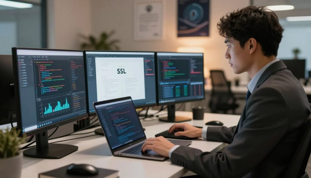 A professional IT technician in business attire seated at a modern desk, focused on multiple computer monitors displaying SSL certificate management interfaces and complex coding. The foreground features detailed screens with graphs and analytics about SSL performance and security. In the middle, there’s a sleek laptop open, indicating ongoing technical support processes. The background shows a contemporary office space with soft, ambient lighting, accentuated by warm tones that create a calm, organized atmosphere. Soft-focus elements like certificates and cybersecurity posters are slightly blurred to keep the attention on the technician. The image conveys a sense of professionalism, expertise, and dedication to customer support and SSL management. The composition is shot from a slightly elevated angle to capture both the work environment and the technician's focused expression. A professional IT technician in business attire seated at a modern desk, focused on multiple computer monitors displaying SSL certificate management interfaces and complex coding. The foreground features detailed screens with graphs and analytics about SSL performance and security. In the middle, there’s a sleek laptop open, indicating ongoing technical support processes. The background shows a contemporary office space with soft, ambient lighting, accentuated by warm tones that create a calm, organized atmosphere. Soft-focus elements like certificates and cybersecurity posters are slightly blurred to keep the attention on the technician. The image conveys a sense of professionalism, expertise, and dedication to customer support and SSL management. The composition is shot from a slightly elevated angle to capture both the work environment and the technician's focused expression.