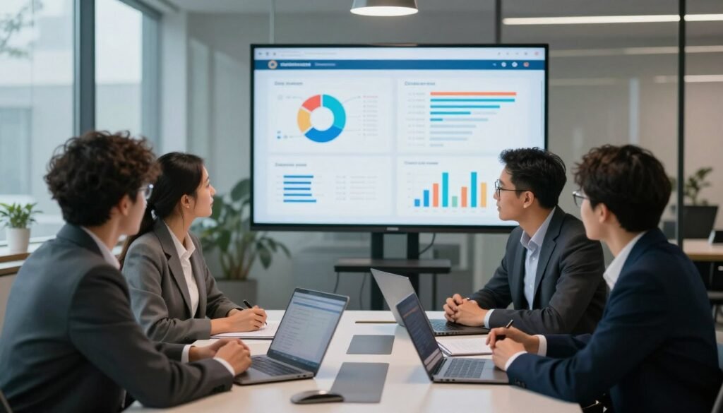 A professional and informative scene depicting an analysis of target audiences for educational platforms. In the foreground, a diverse group of three professionals in business attire are engaged in a discussion, with laptops and notepads open, illustrating collaboration and brainstorming. The middle ground features a large, modern conference table with visual aids displaying graphs and charts on digital devices, emphasizing data-driven insights. In the background, large windows allow soft, natural light to illuminate the workspace, contributing to a high-energy, motivating atmosphere. The color palette includes cool tones with accents of warm lighting, creating an inviting and professional ambiance. The overall mood is one of focus, dedication, and teamwork as they assess the suitability of courses for different demographics. A professional and informative scene depicting an analysis of target audiences for educational platforms. In the foreground, a diverse group of three professionals in business attire are engaged in a discussion, with laptops and notepads open, illustrating collaboration and brainstorming. The middle ground features a large, modern conference table with visual aids displaying graphs and charts on digital devices, emphasizing data-driven insights. In the background, large windows allow soft, natural light to illuminate the workspace, contributing to a high-energy, motivating atmosphere. The color palette includes cool tones with accents of warm lighting, creating an inviting and professional ambiance. The overall mood is one of focus, dedication, and teamwork as they assess the suitability of courses for different demographics.