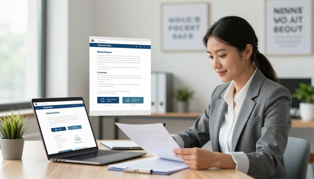 A professional and inviting office setting emphasizing financial security, featuring a modern desk with a laptop displaying a website interface for refunds and cancellation policies. In the foreground, a confident business person in professional attire, reviewing documents with satisfaction, symbolizing trust and clarity. The middle ground displays a clear, organized layout of the refund policy with icons representing money-back guarantees and cancellation options. The background features a well-lit office environment with motivational quotes on the walls and plants for a calming atmosphere. Soft, natural lighting filters through large windows, creating a welcoming and reassuring mood, while maintaining a focus on the subject matter. A professional and inviting office setting emphasizing financial security, featuring a modern desk with a laptop displaying a website interface for refunds and cancellation policies. In the foreground, a confident business person in professional attire, reviewing documents with satisfaction, symbolizing trust and clarity. The middle ground displays a clear, organized layout of the refund policy with icons representing money-back guarantees and cancellation options. The background features a well-lit office environment with motivational quotes on the walls and plants for a calming atmosphere. Soft, natural lighting filters through large windows, creating a welcoming and reassuring mood, while maintaining a focus on the subject matter.
