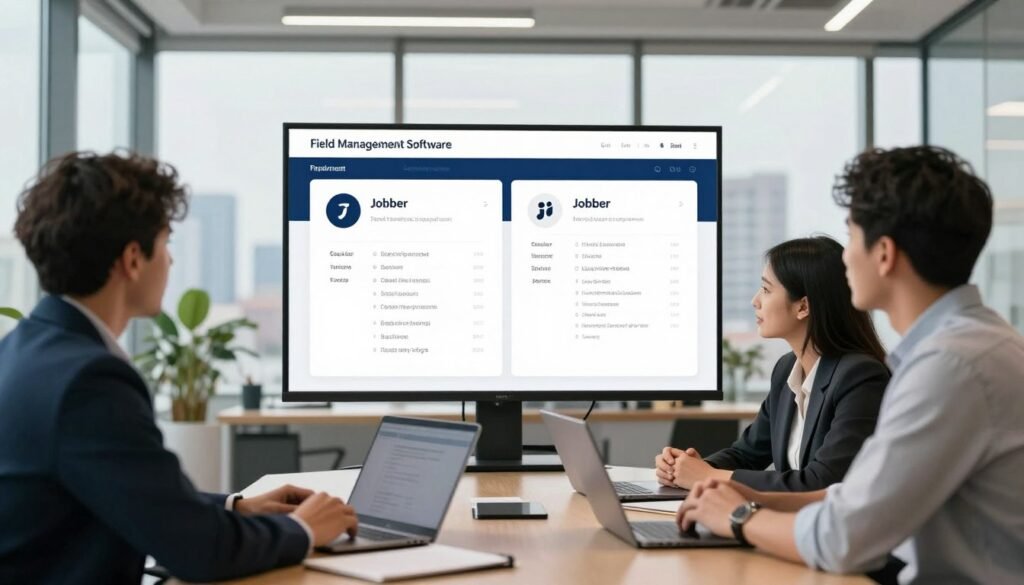 A professional comparison of field management software, featuring Jobber and its alternatives in a sleek, modern office setting. In the foreground, a diverse group of three business professionals—two men and one woman—are engaged in a focused discussion over a large digital screen displaying side-by-side features of Jobber and competitors. The middle ground showcases a contemporary meeting room with a round table, laptops, and notepads, conveying an atmosphere of collaboration and innovation. In the background, large windows let in natural light, illuminating the scene and highlighting a city skyline. The overall mood should be dynamic and professional, with a lens focus that emphasizes the screen's content and the engaged expressions of the professionals, using soft but bright lighting to create an inviting environment. A professional comparison of field management software, featuring Jobber and its alternatives in a sleek, modern office setting. In the foreground, a diverse group of three business professionals—two men and one woman—are engaged in a focused discussion over a large digital screen displaying side-by-side features of Jobber and competitors. The middle ground showcases a contemporary meeting room with a round table, laptops, and notepads, conveying an atmosphere of collaboration and innovation. In the background, large windows let in natural light, illuminating the scene and highlighting a city skyline. The overall mood should be dynamic and professional, with a lens focus that emphasizes the screen's content and the engaged expressions of the professionals, using soft but bright lighting to create an inviting environment.